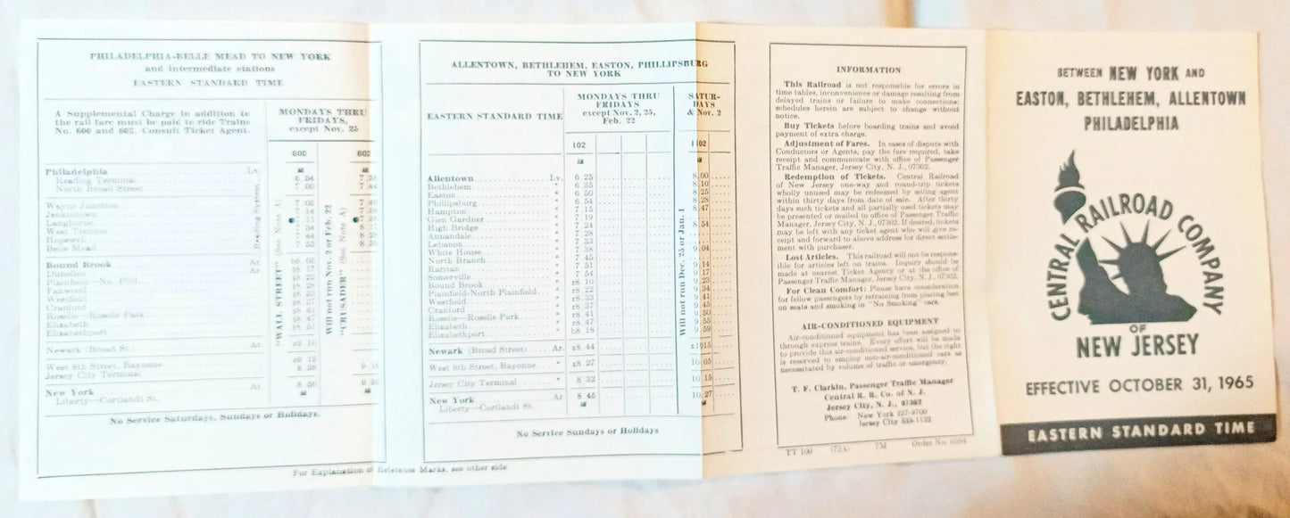 Central Railroad of New Jersey (Jersey Central) NY PA Timetable 1965 - TulipStuff
