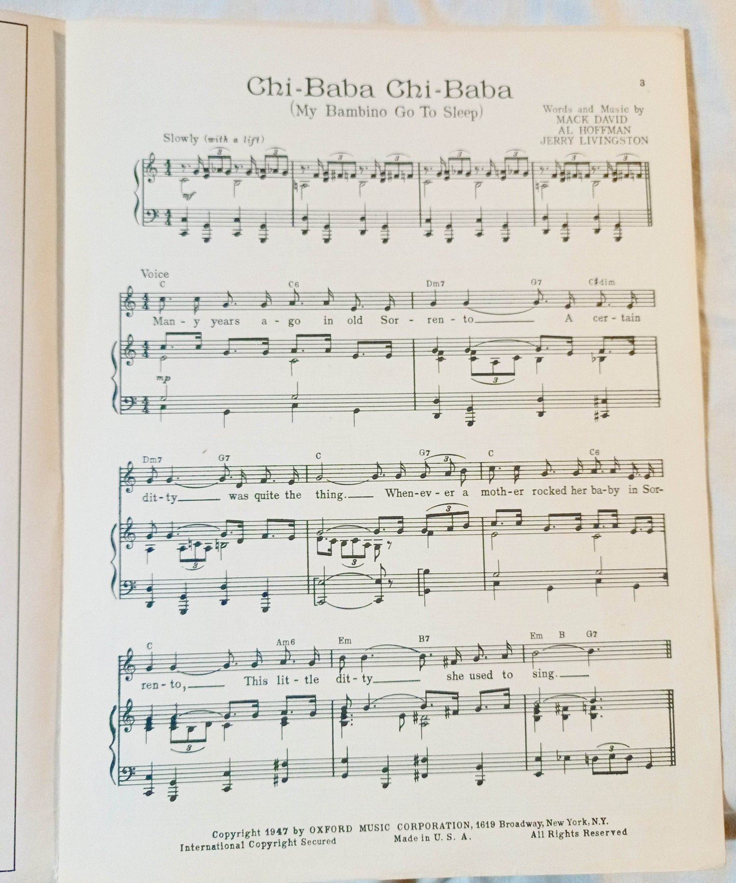 Chi-Baba Chi-Baba My Bambino Go To Sleep Sheet Music Louis Prima 1947 - TulipStuff