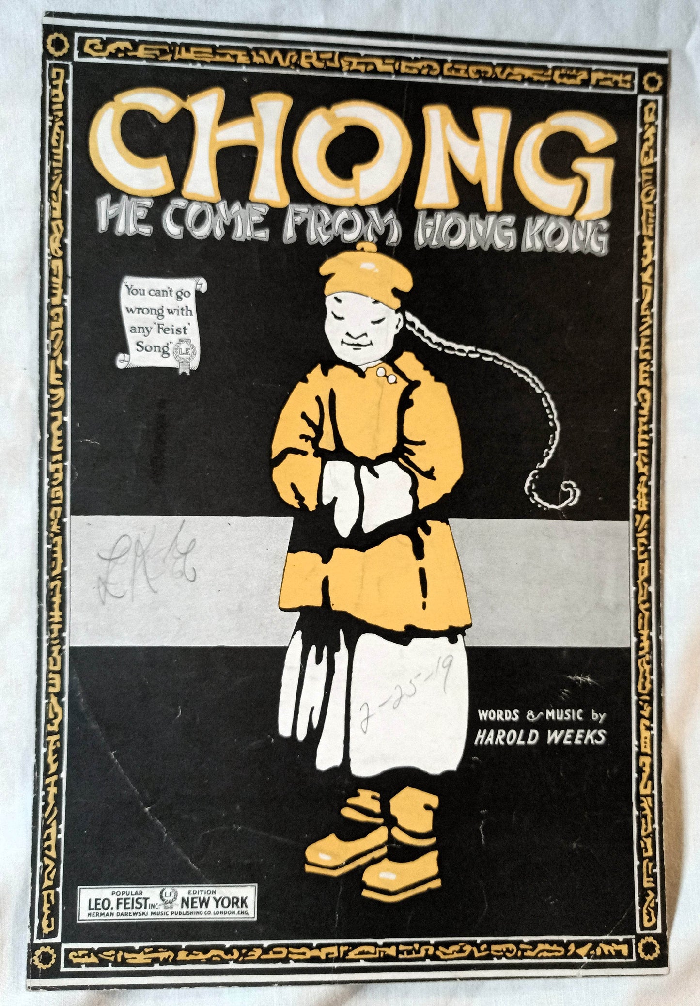 Chong He Come From Hong Kong Harold Weeks Sheet Music 1919 - TulipStuff