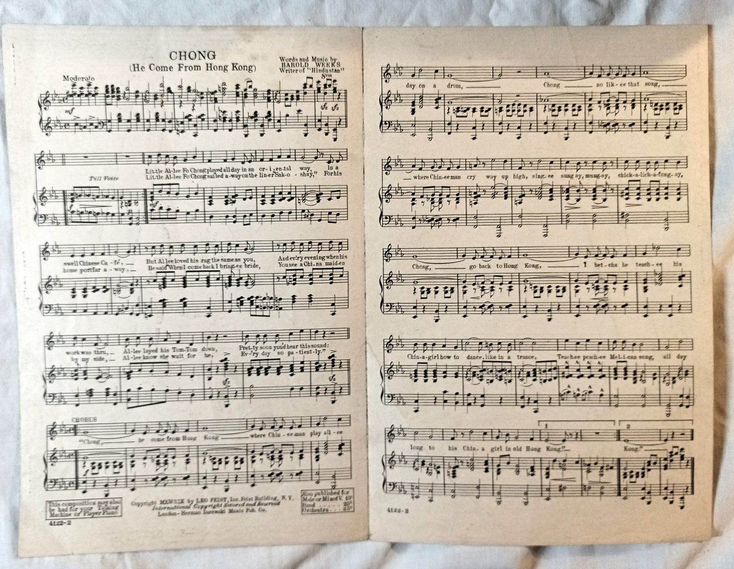 Chong He Come From Hong Kong Harold Weeks Sheet Music 1919 - TulipStuff