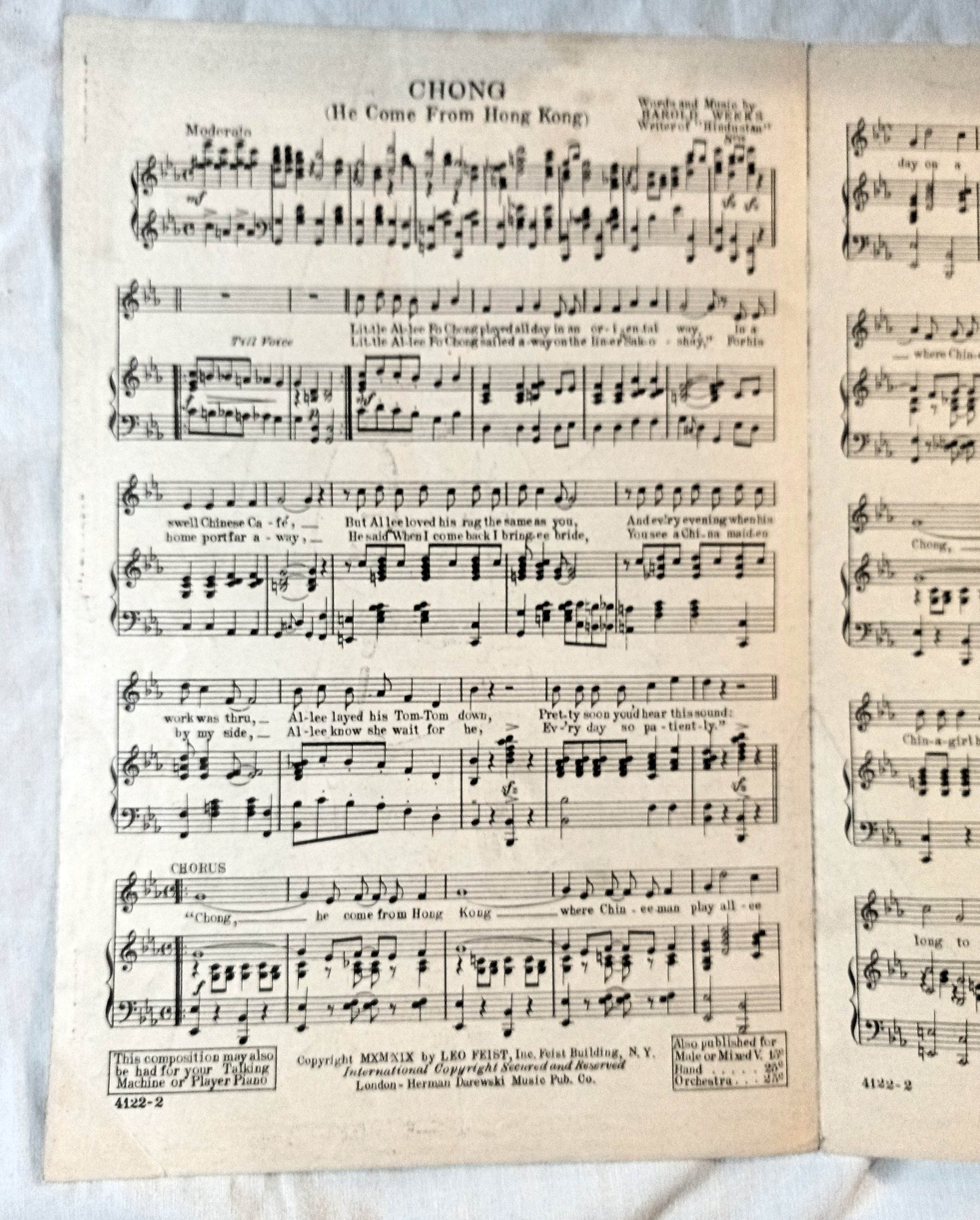 Chong He Come From Hong Kong Harold Weeks Sheet Music 1919 - TulipStuff