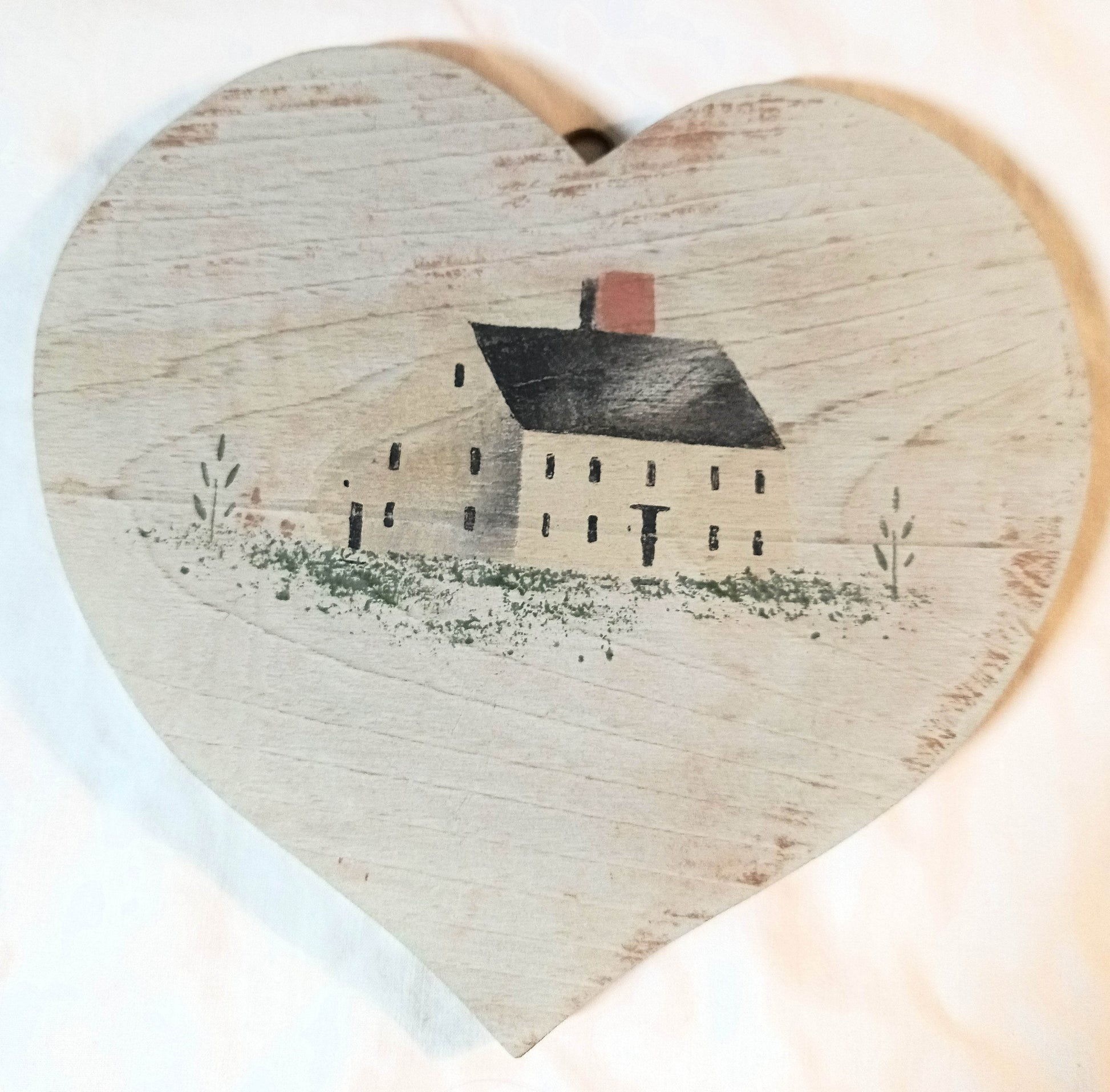 Christopher Gurshin Primitive House Painting Wooden Heart Plaque 1980s - TulipStuff