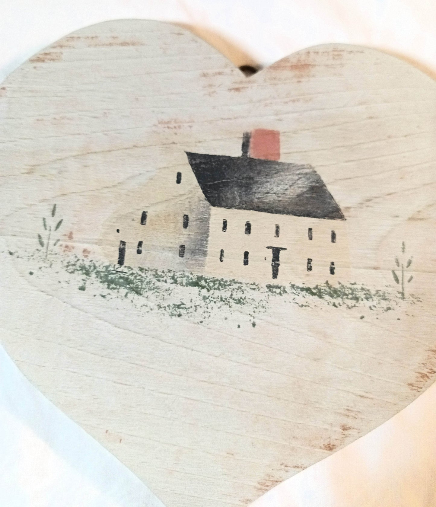 Christopher Gurshin Primitive House Painting Wooden Heart Plaque 1980s - TulipStuff