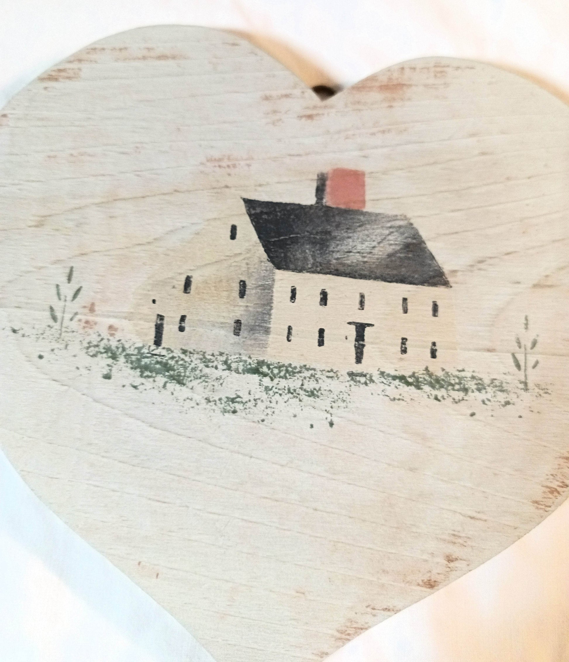 Christopher Gurshin Primitive House Painting Wooden Heart Plaque 1980s - TulipStuff