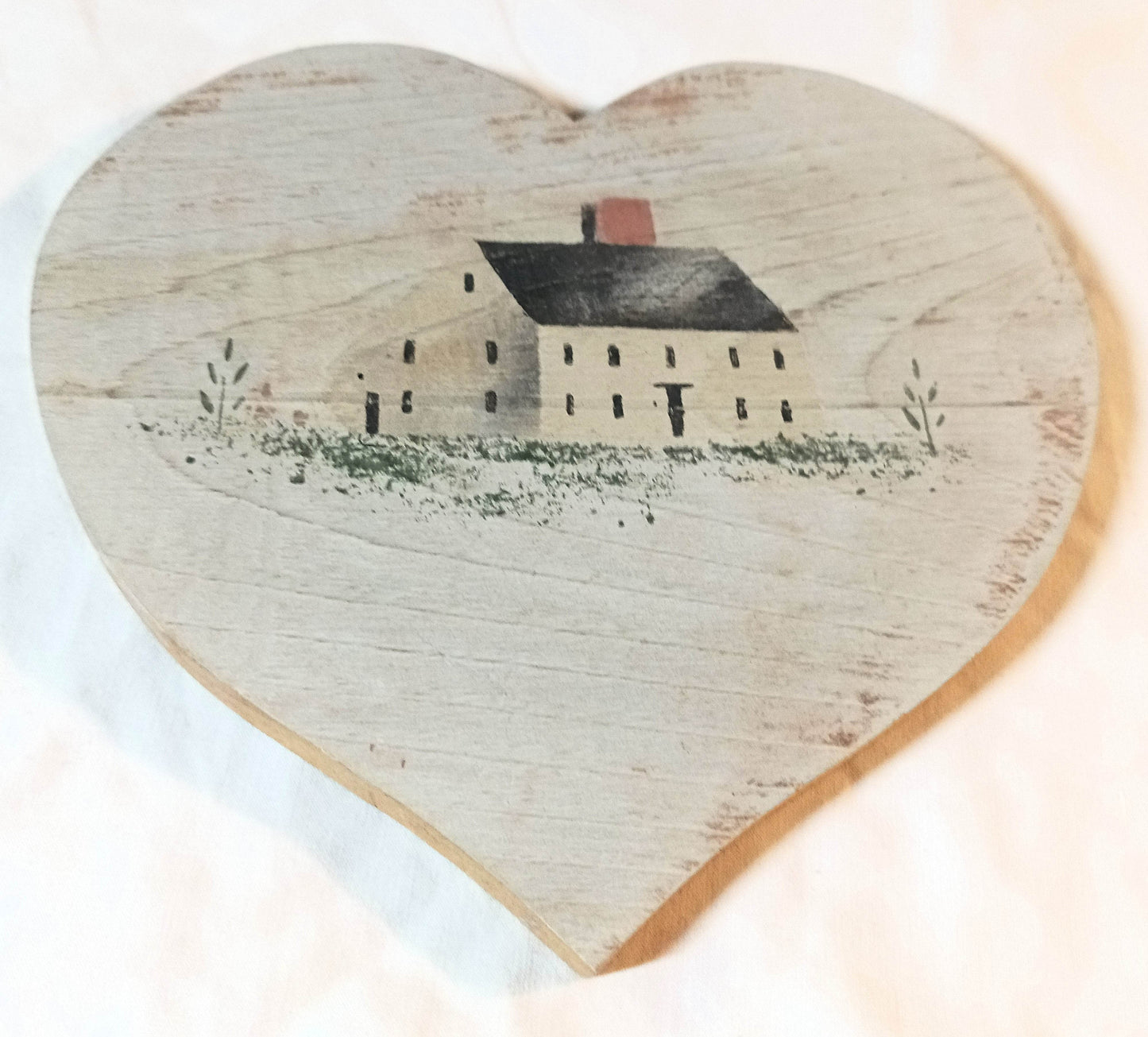 Christopher Gurshin Primitive House Painting Wooden Heart Plaque 1980s - TulipStuff