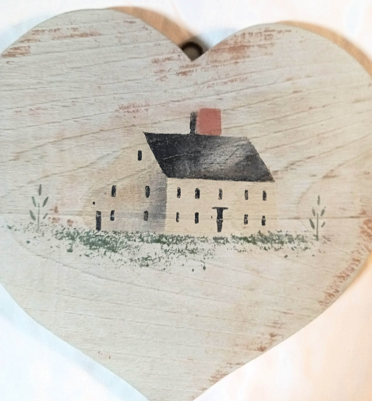 Christopher Gurshin Primitive House Painting Wooden Heart Plaque 1980s - TulipStuff