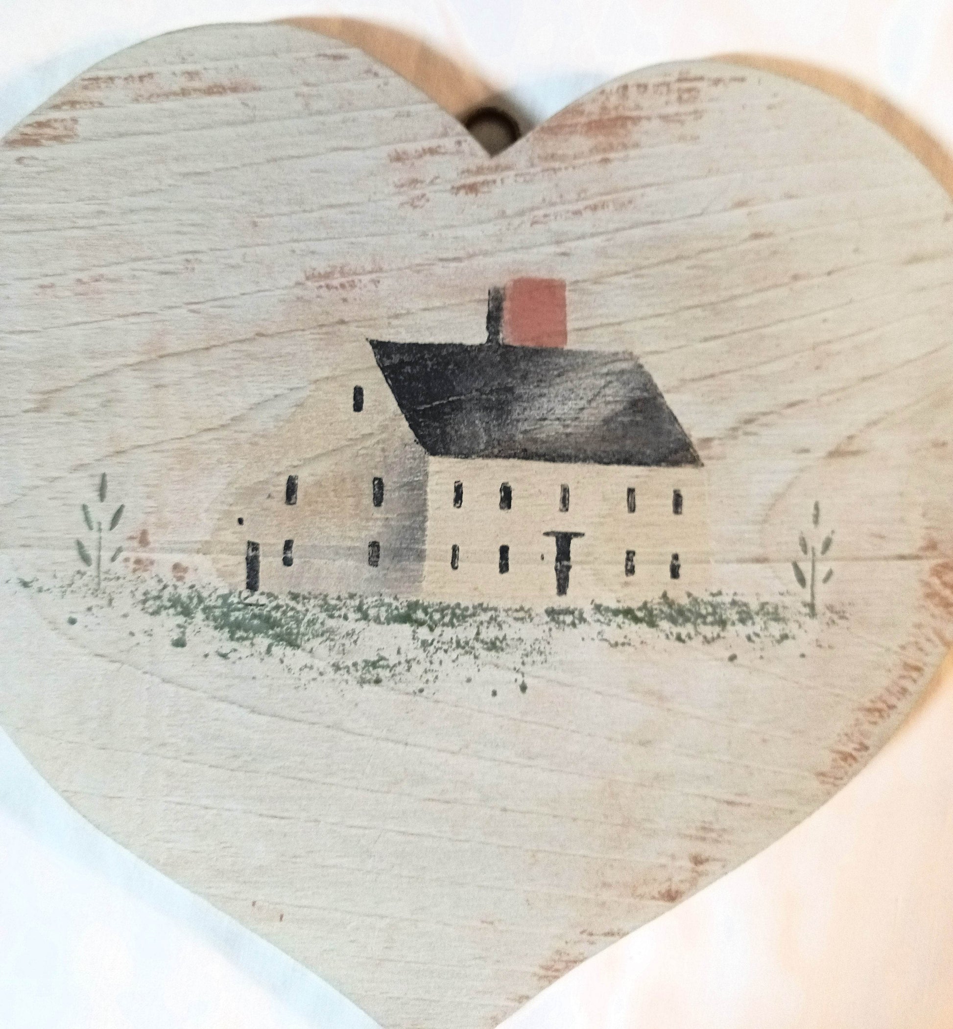 Christopher Gurshin Primitive House Painting Wooden Heart Plaque 1980s - TulipStuff