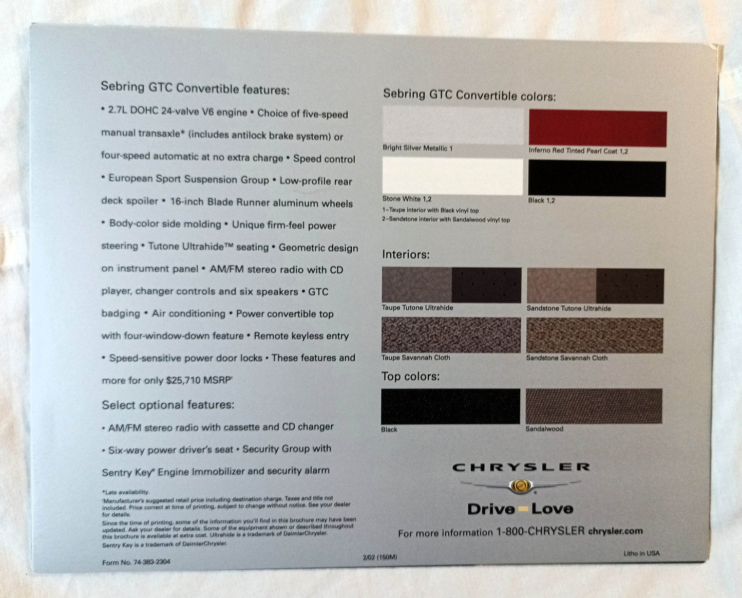 Chrysler Sebring GTC Convertible Dealer Sales Brochure 2002 - TulipStuff