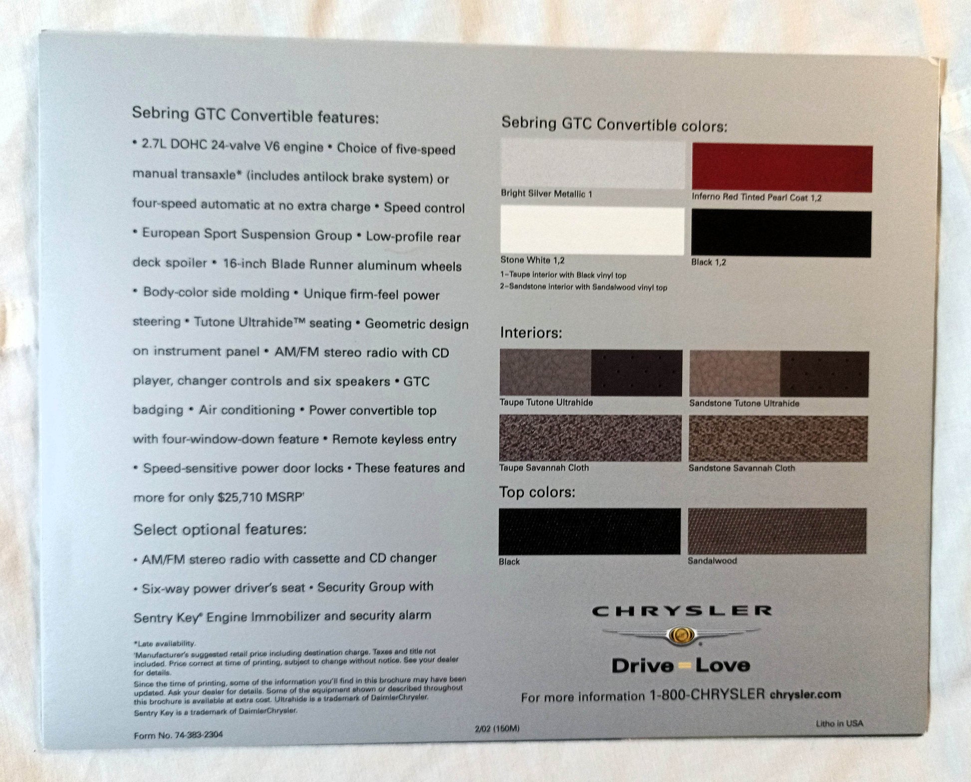 Chrysler Sebring GTC Convertible Dealer Sales Brochure 2002 - TulipStuff