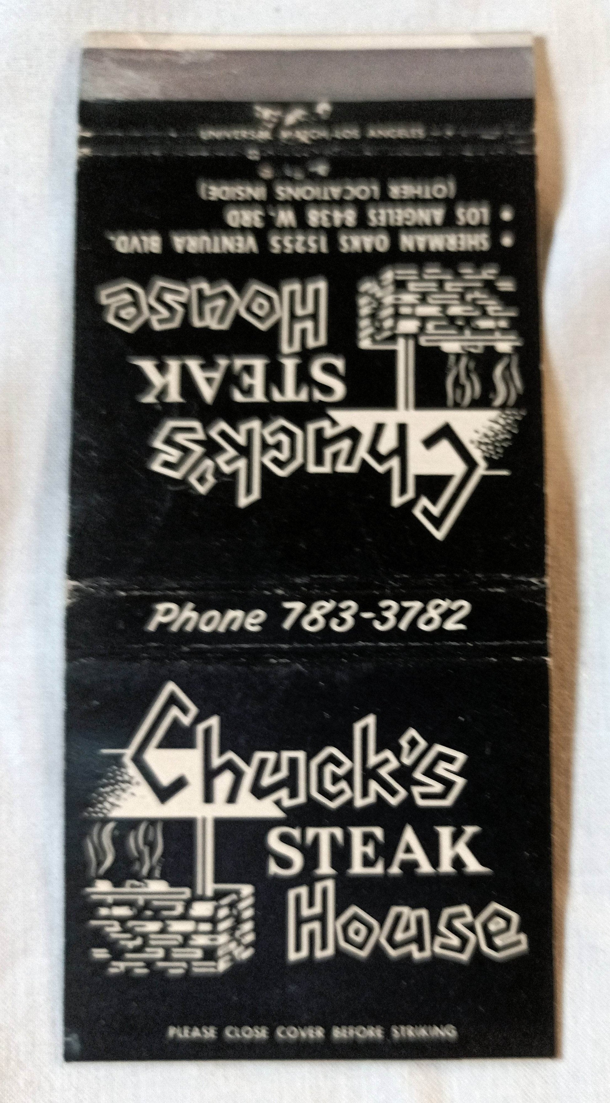 Chuck's Steak House Los Angeles Sherman Oaks Matchbook Cover 1960's - TulipStuff