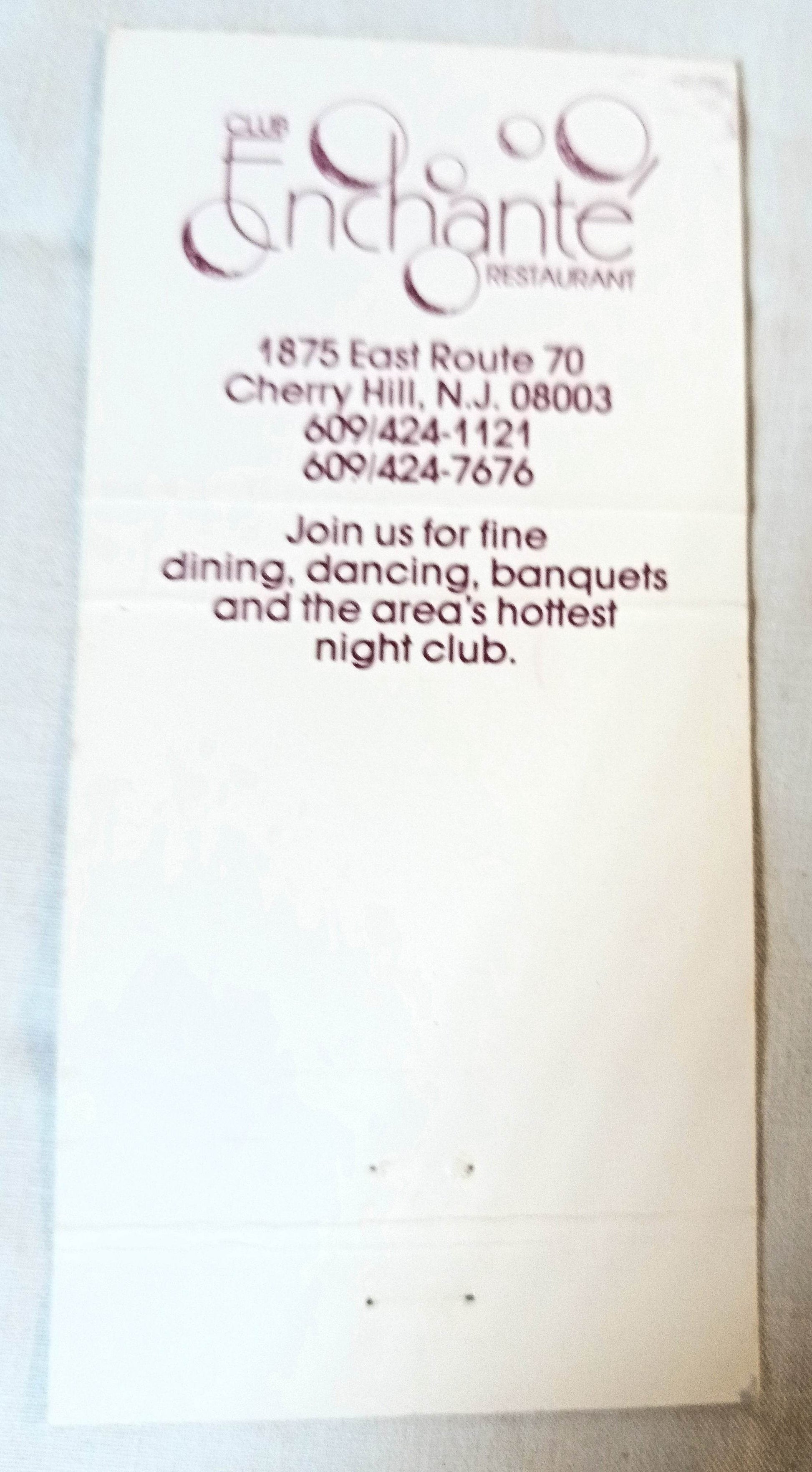 Club Enchante Restaurant Night Club Cherry Hill Matchbook Cover 1980's - TulipStuff