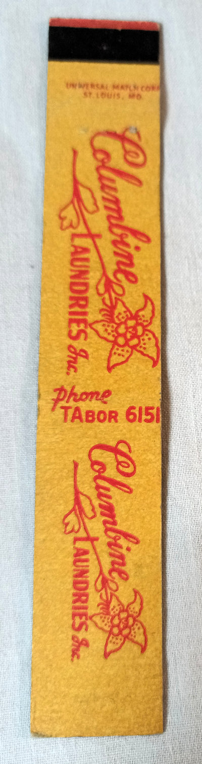 Columbine Laundries Denver Colorado 20th Park Matchbook Cover 1950s - TulipStuff