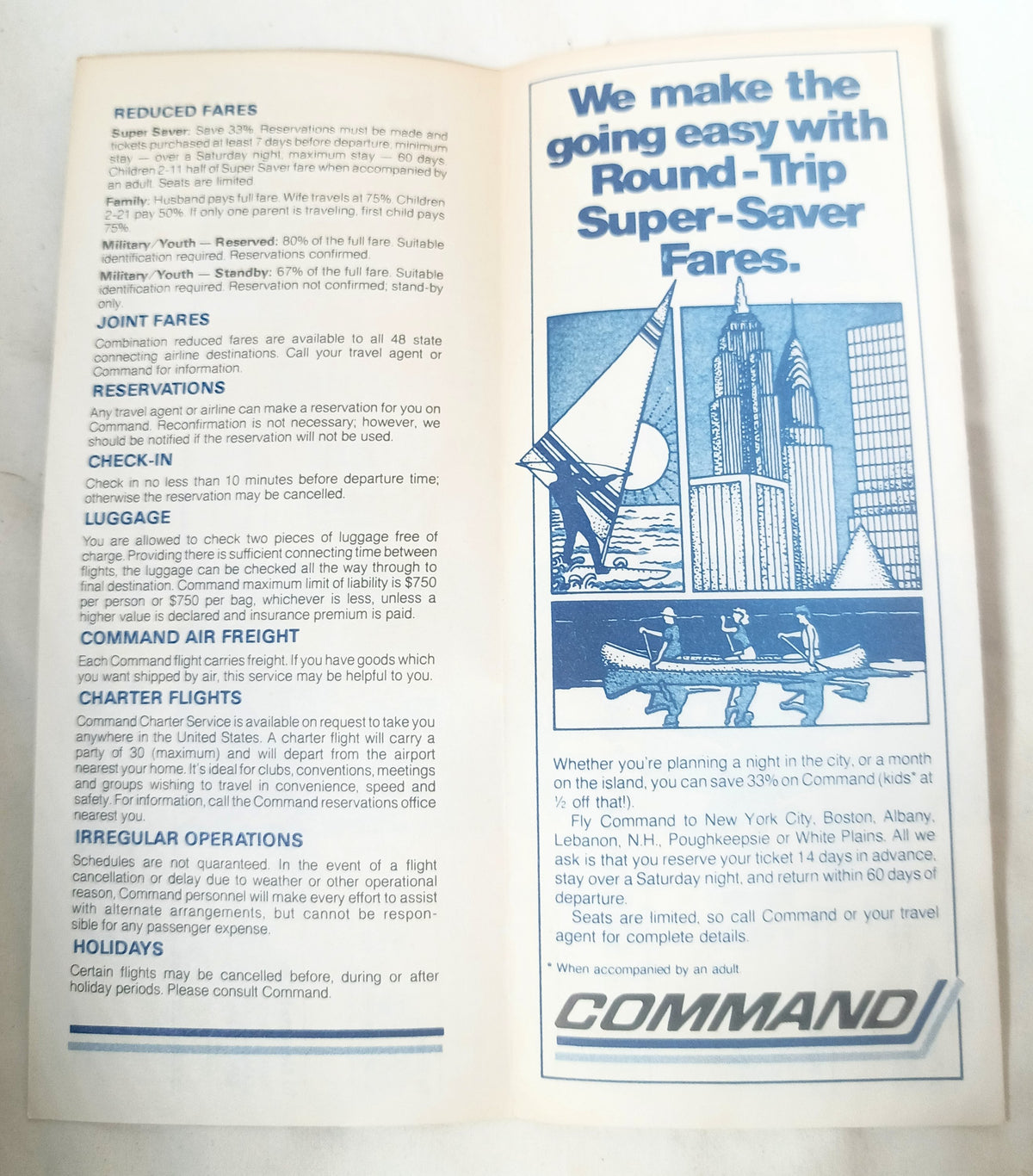 Command Airways System Flight Schedule NYC Boston Albany 1982 - TulipStuff