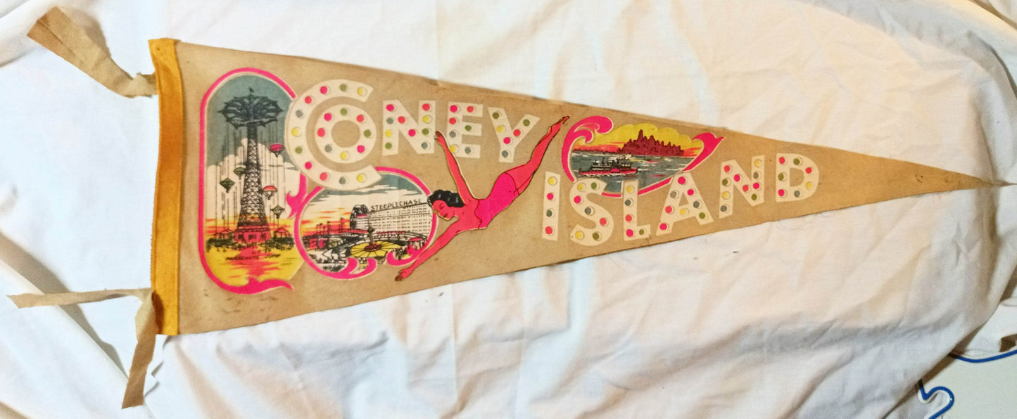 Coney Island NY Parachute Jump Steeplechase Park  26" Pennant 1940's - TulipStuff