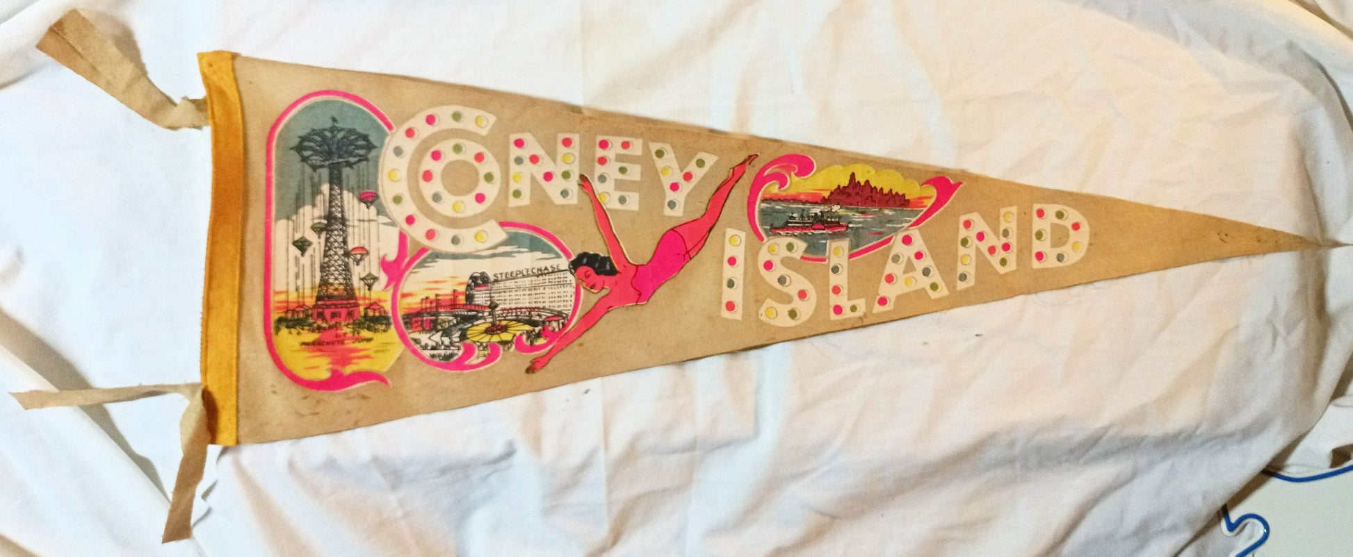 Coney Island NY Parachute Jump Steeplechase Park  26" Pennant 1940's - TulipStuff
