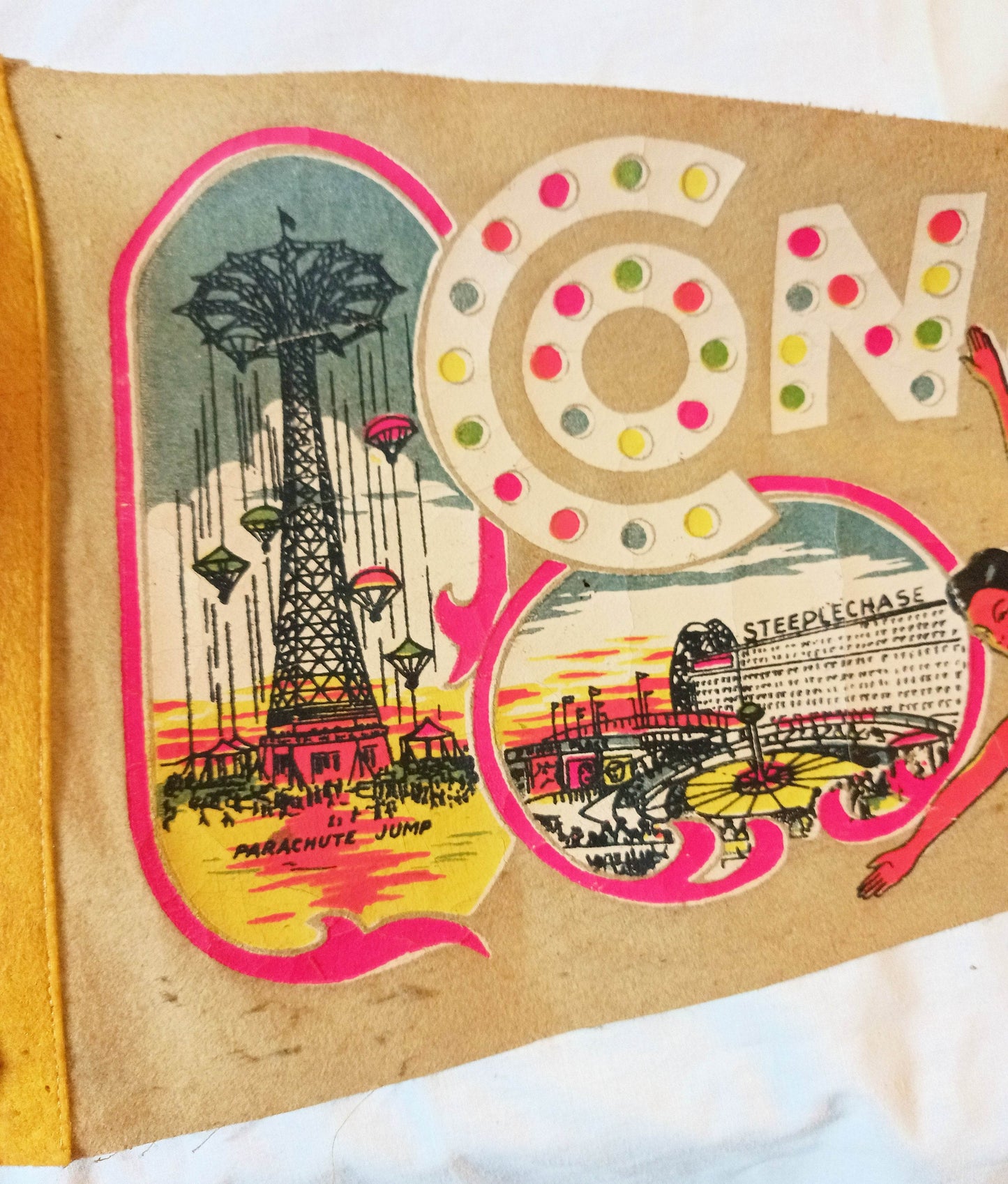 Coney Island NY Parachute Jump Steeplechase Park  26" Pennant 1940's - TulipStuff