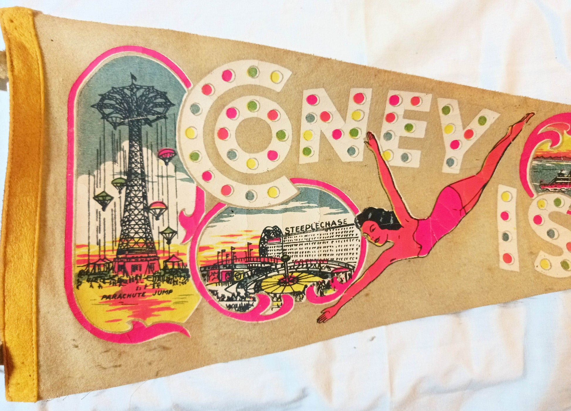 Coney Island NY Parachute Jump Steeplechase Park  26" Pennant 1940's - TulipStuff