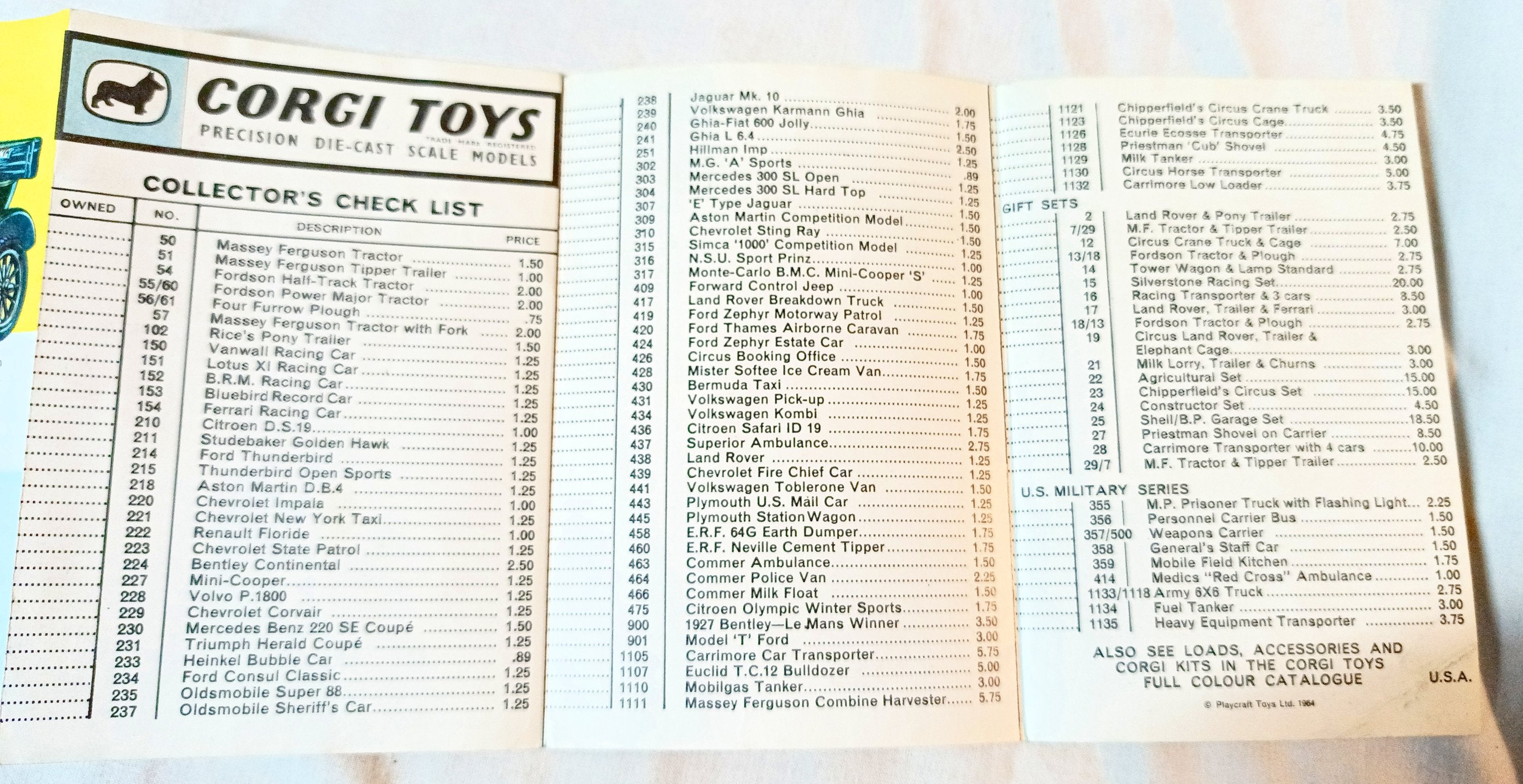 Corgi Toys Interim Leaflet Checklist Catalog Playcraft USA 1964