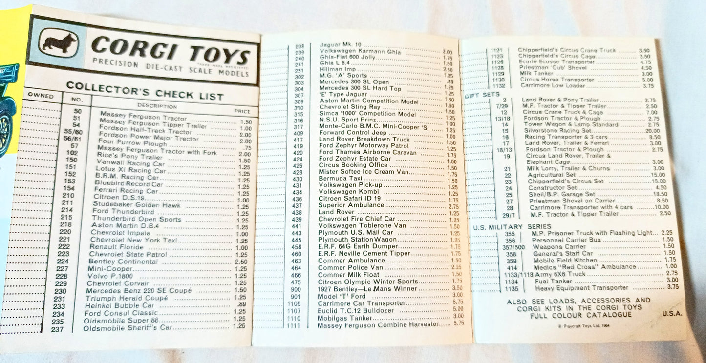 Corgi Toys Two-fold Checklist Catalog Playcraft 1964 - TulipStuff