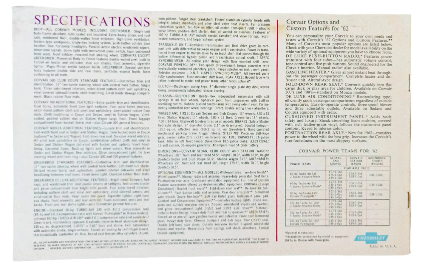 Chevrolet 1962 Corvair Dealers Showroom Sales Brochure - TulipStuff