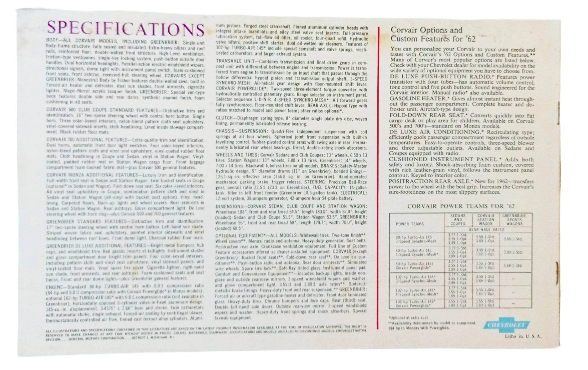 Chevrolet 1962 Corvair Dealers Showroom Sales Brochure - TulipStuff