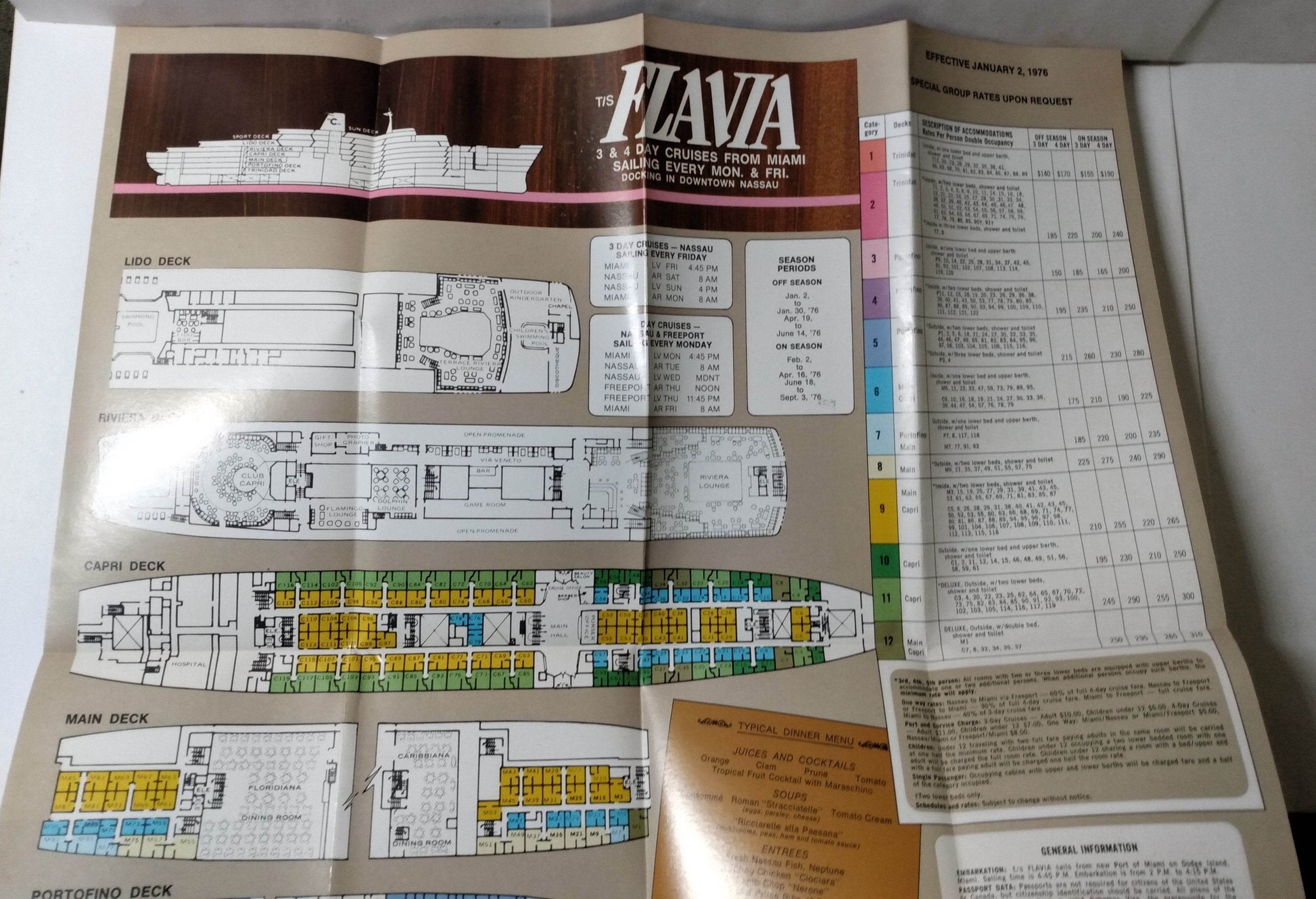 Costa Line ss Flavia 1976 Nassau Freeport Bahamas Cruise Brochure - TulipStuff