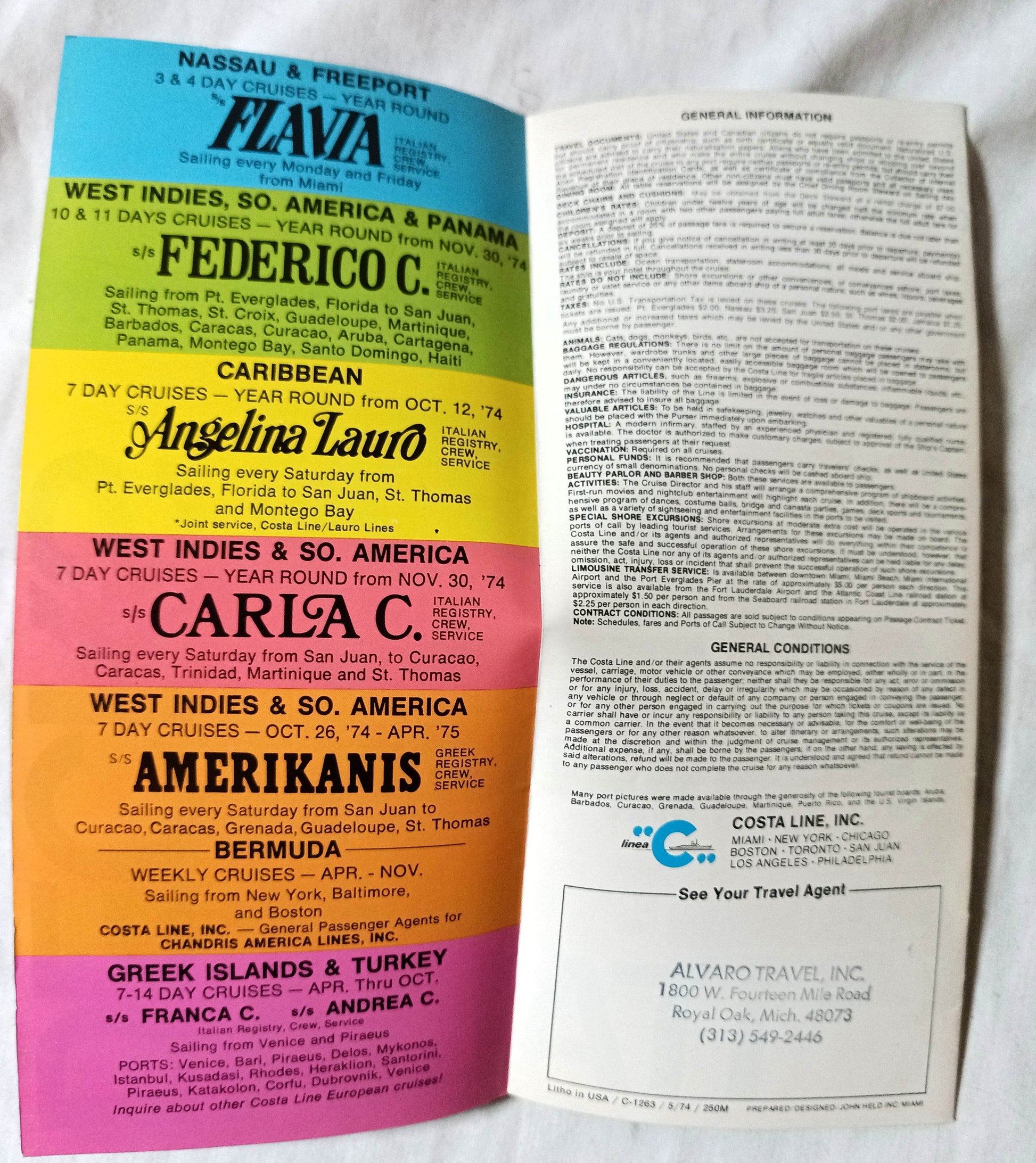 Costa Line ms Italia 1974-75 Caribbean South America Cruise Brochure - TulipStuff