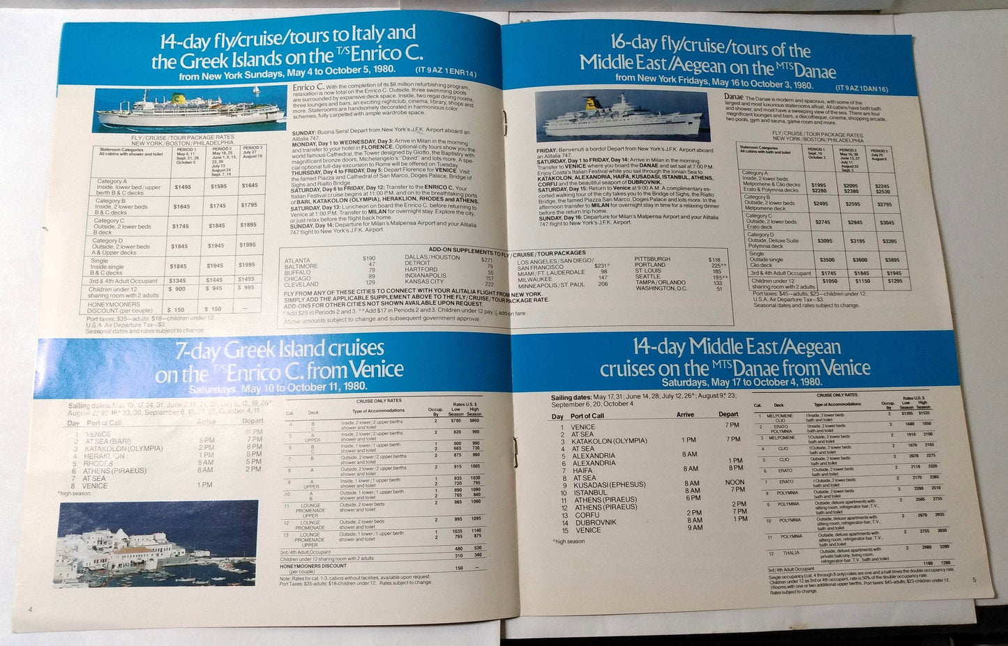 Costa Andrea C - Danae - Enrico C - Federico C 1980 Fly Cruise Brochure - TulipStuff
