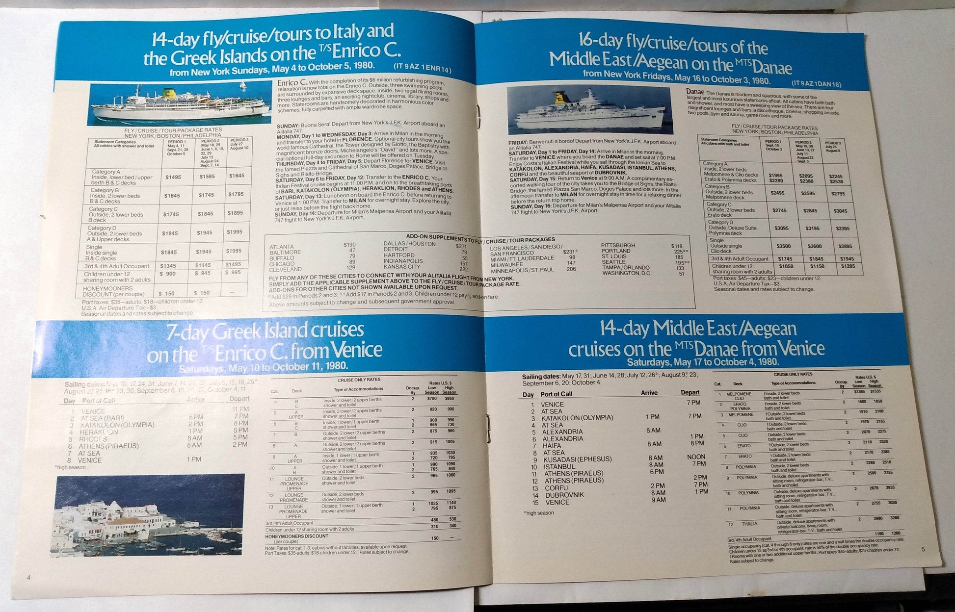 Costa Andrea C - Danae - Enrico C - Federico C 1980 Fly Cruise Brochure - TulipStuff