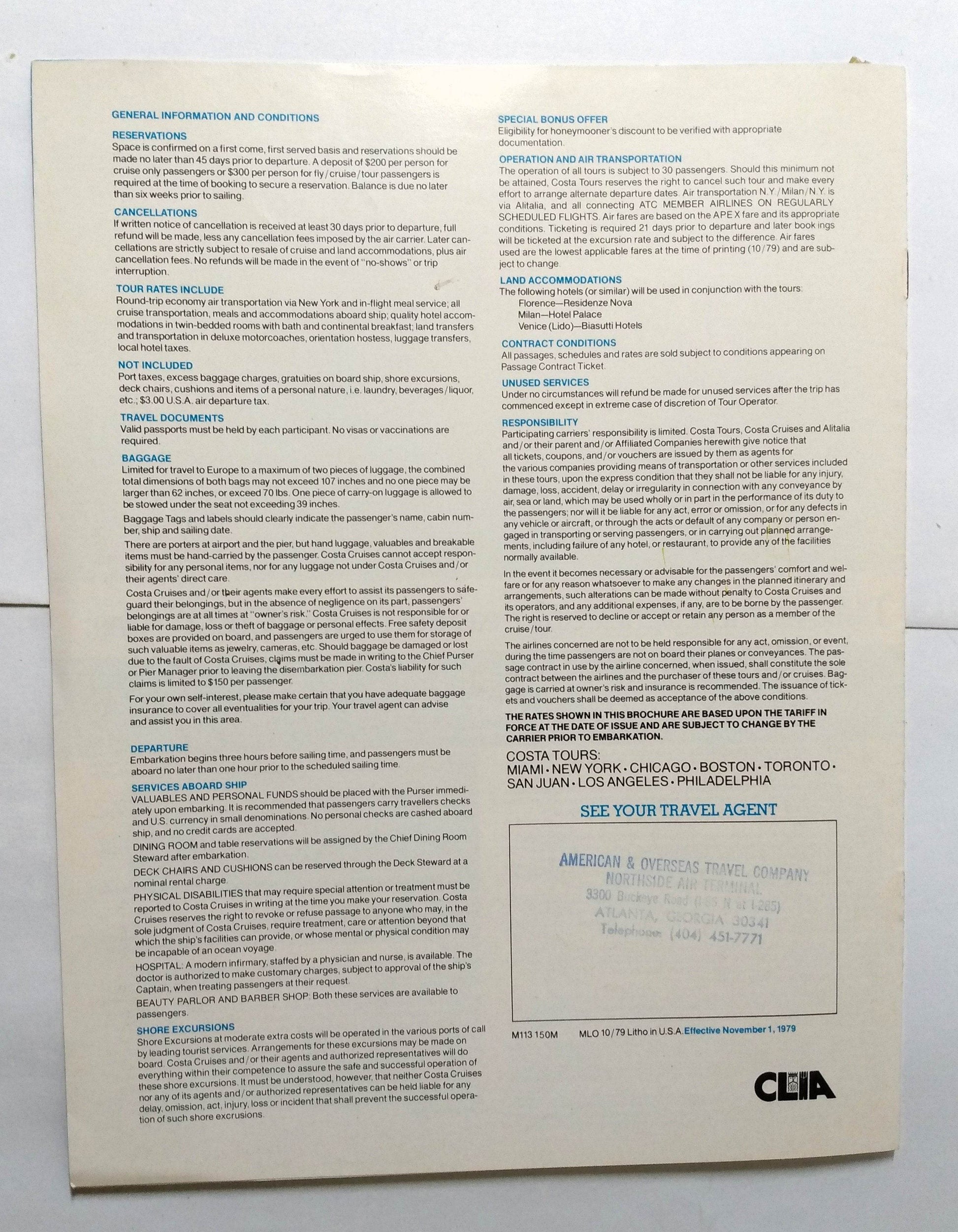 Costa Andrea C - Danae - Enrico C - Federico C 1980 Fly Cruise Brochure - TulipStuff