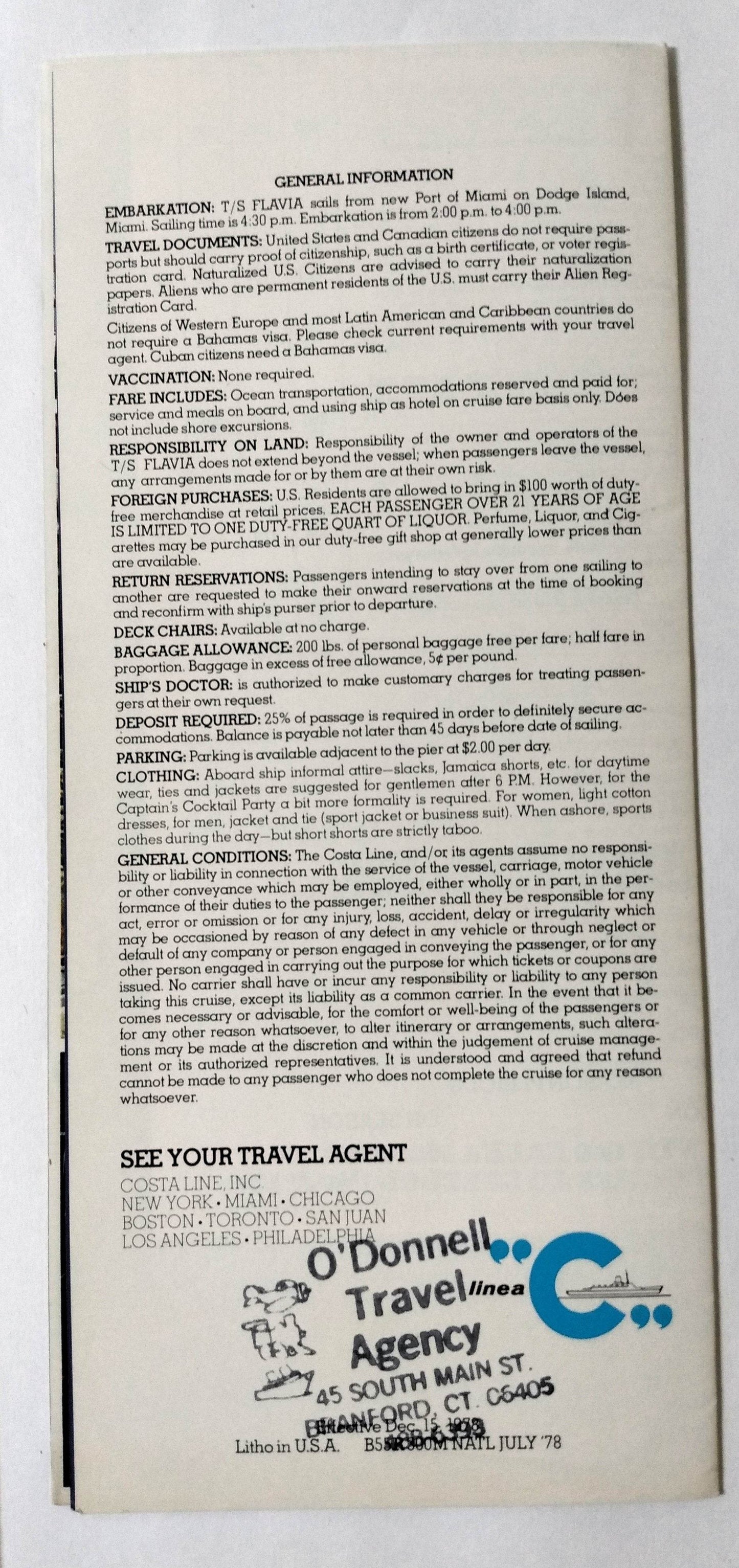 Costa Line ss Flavia 1978-79 Nassau Bahamas Cruise Ship Brochure - TulipStuff