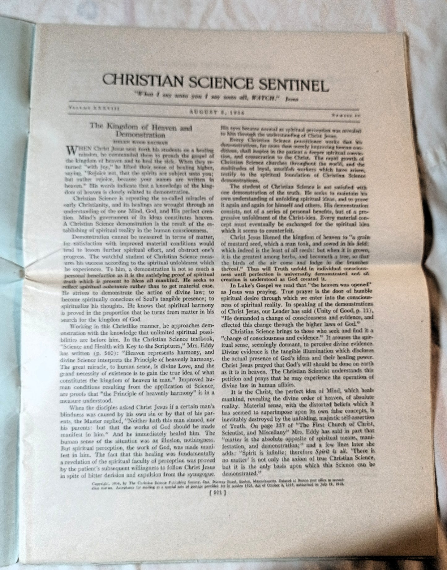 Christian Science Sentinel August 8th 1936 Mary Baker Eddy Helen Wood Bauman - TulipStuff