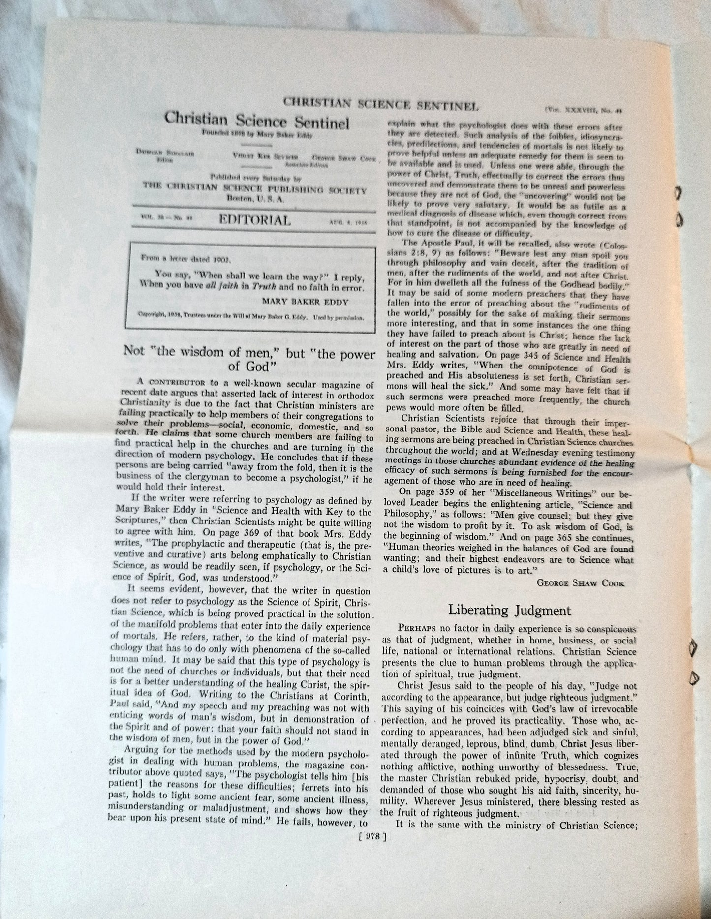 Christian Science Sentinel August 8th 1936 Mary Baker Eddy Helen Wood Bauman - TulipStuff