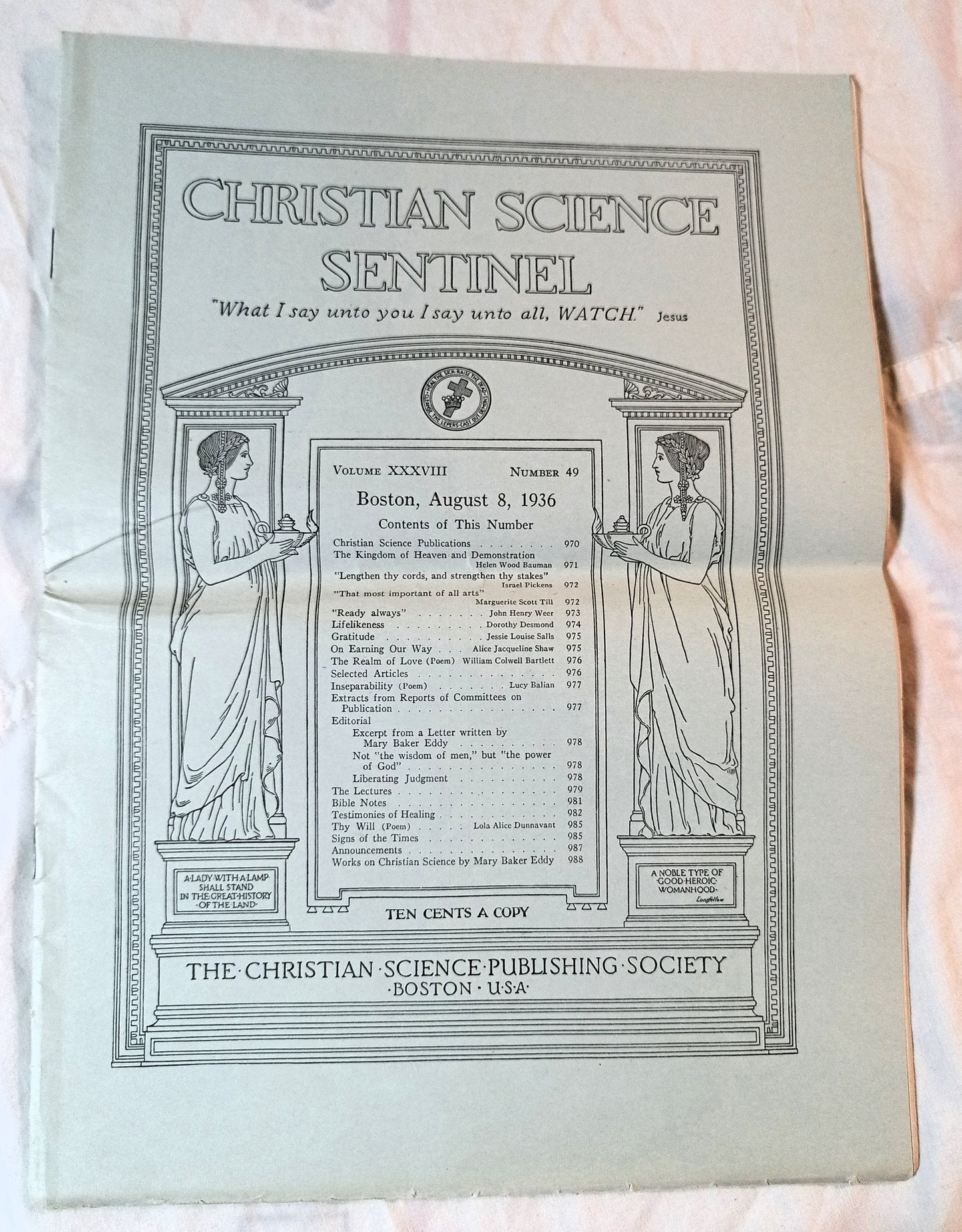 Christian Science Sentinel August 8th 1936 Mary Baker Eddy Helen Wood Bauman - TulipStuff