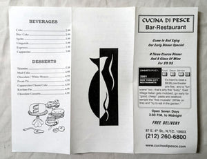 Cucina Di Pesce Restaurant E 4th St East Village NYC Takeout Menu 2001 - TulipStuff