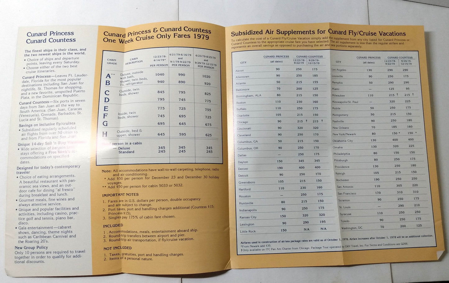 Cunard Countess / Cunard Princess 1979 Caribbean Fly/Cruises Brochure - TulipStuff