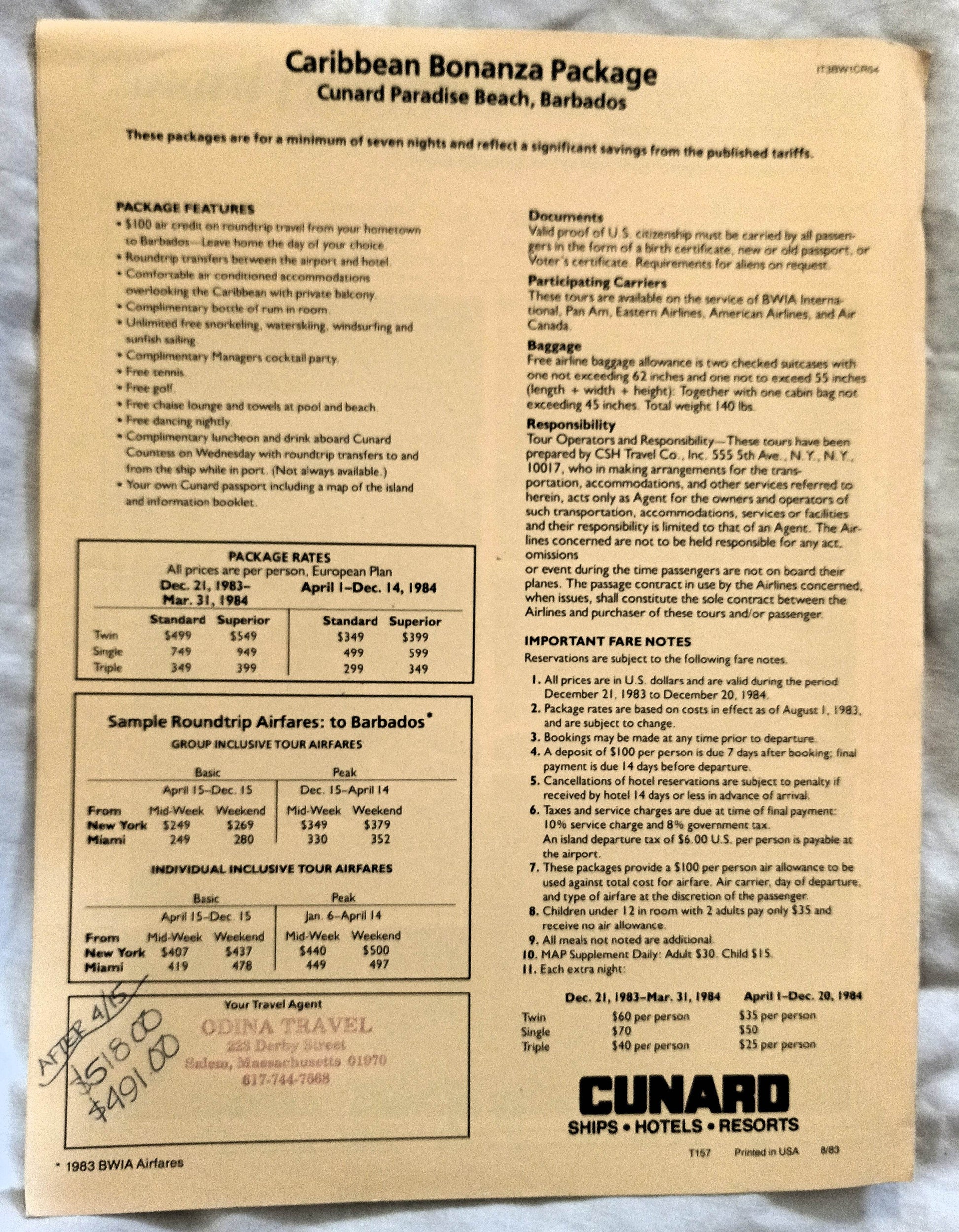 Cunard Paradise Beach Hotel Barbados Tour Packages Brochure 1984 - TulipStuff