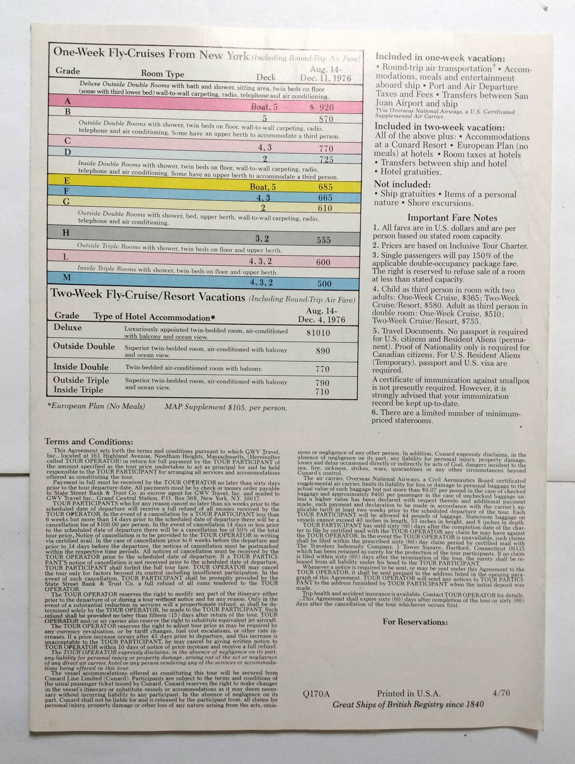 Cunard Countess 1976 Inaugural Cruise Season Fly/Cruises from New York Brochure - TulipStuff