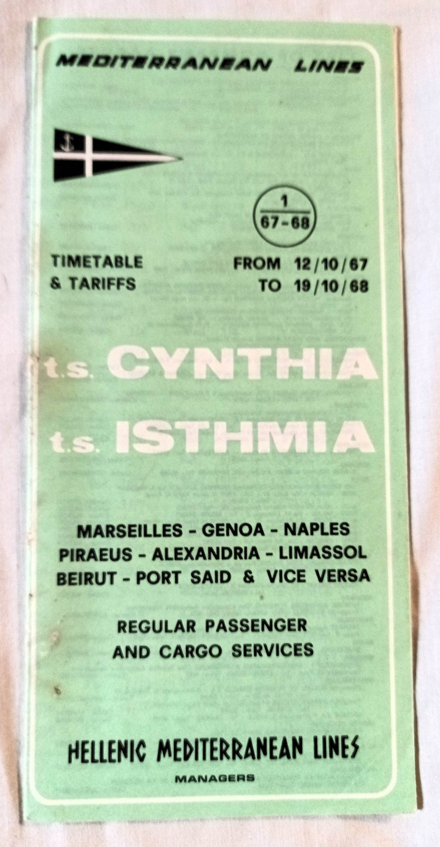 Hellenic Mediterranean Lines ts Cynthia ts Isthmia 1967-68 Brochure - TulipStuff