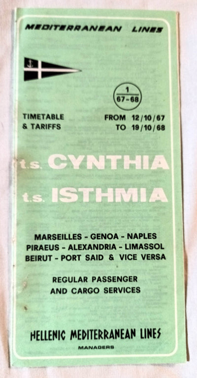 Hellenic Mediterranean Lines ts Cynthia ts Isthmia 1967-68 Brochure - TulipStuff