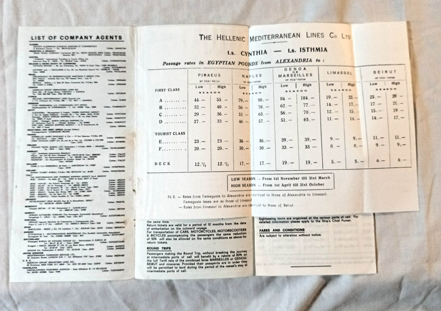 Hellenic Mediterranean Lines ts Cynthia ts Isthmia 1967-68 Brochure - TulipStuff