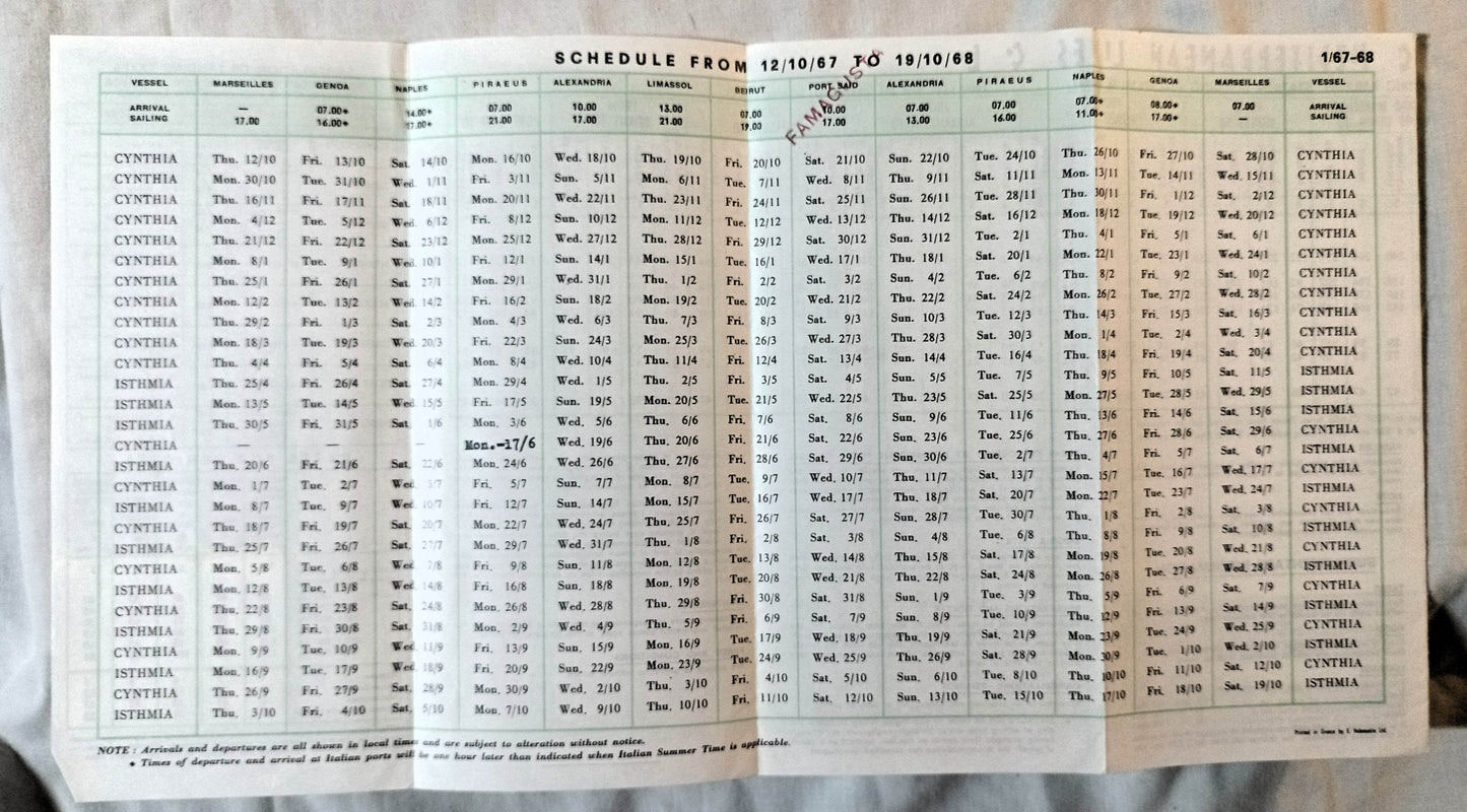 Hellenic Mediterranean Lines ts Cynthia ts Isthmia 1967-68 Brochure - TulipStuff