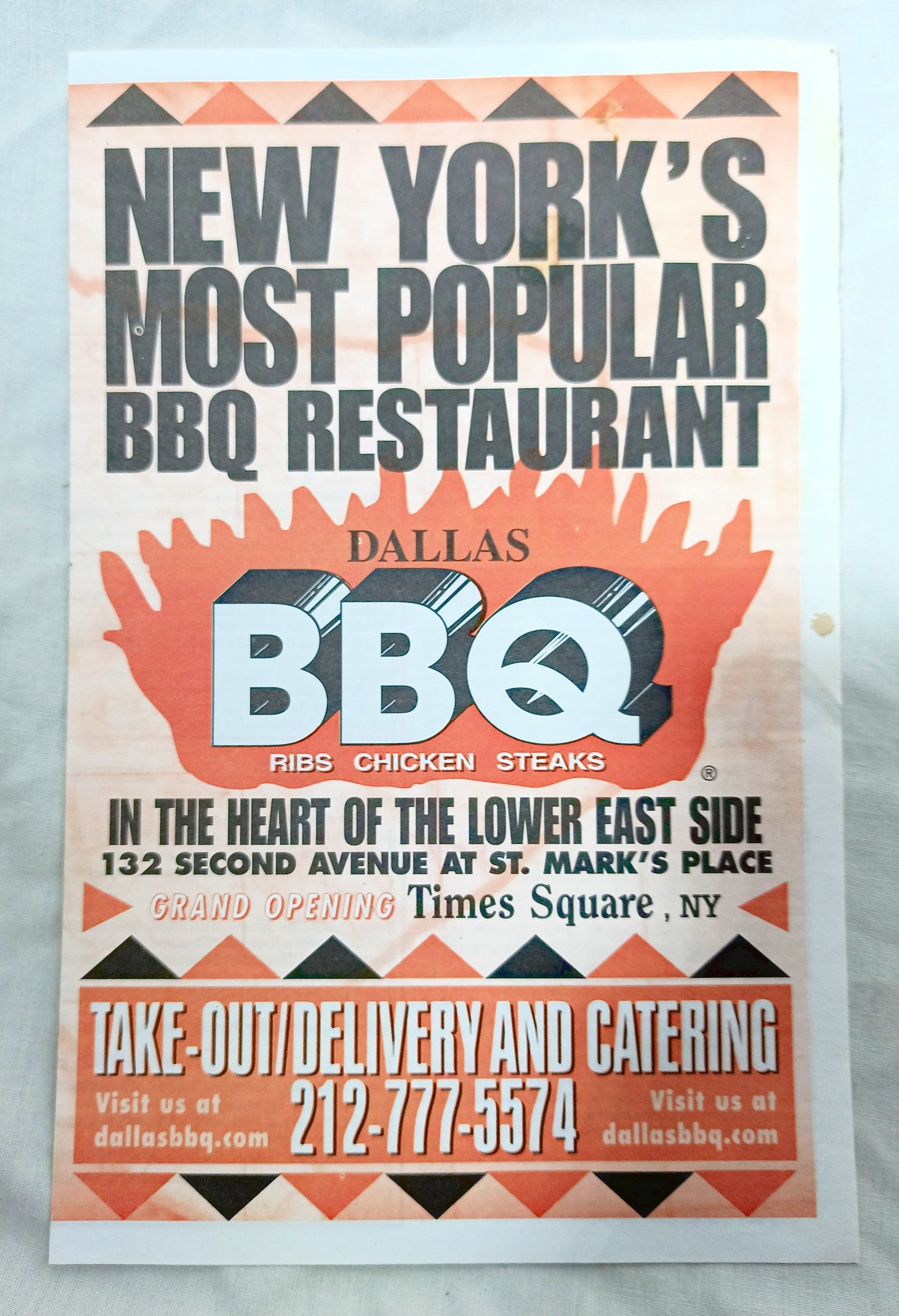 Dallas BBQ Restaurant Take Out Menu 2nd Ave East Village NYC 2000's - TulipStuff