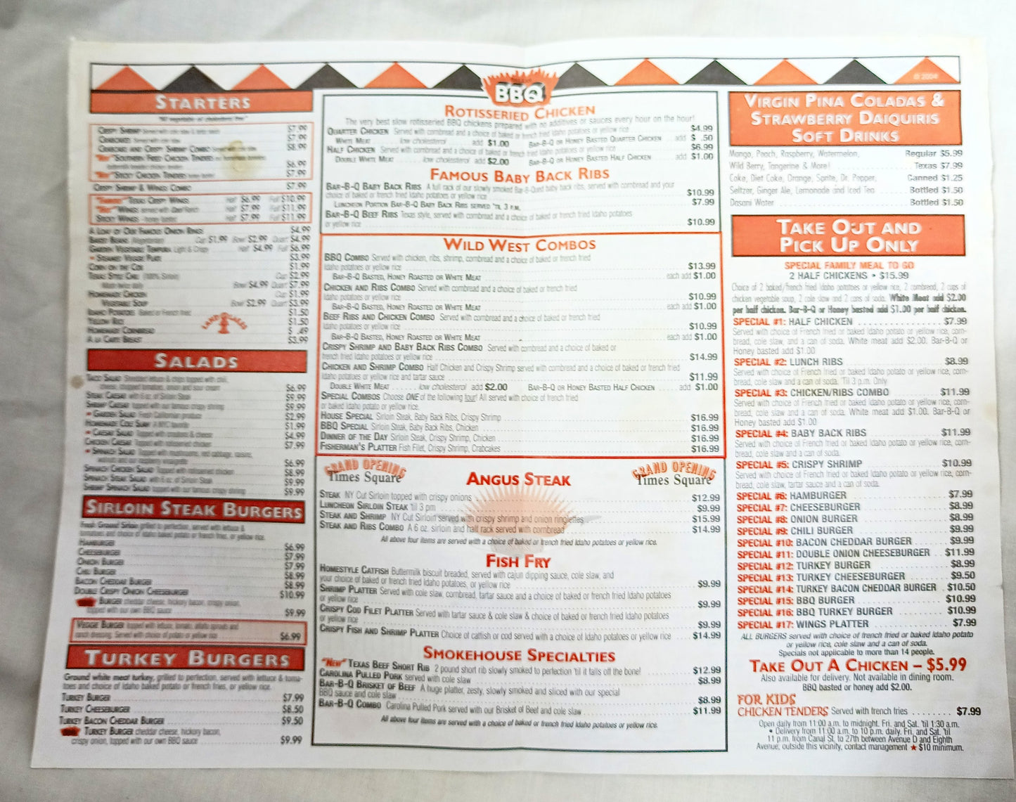 Dallas BBQ Restaurant Take Out Menu 2nd Ave East Village NYC 2000's - TulipStuff