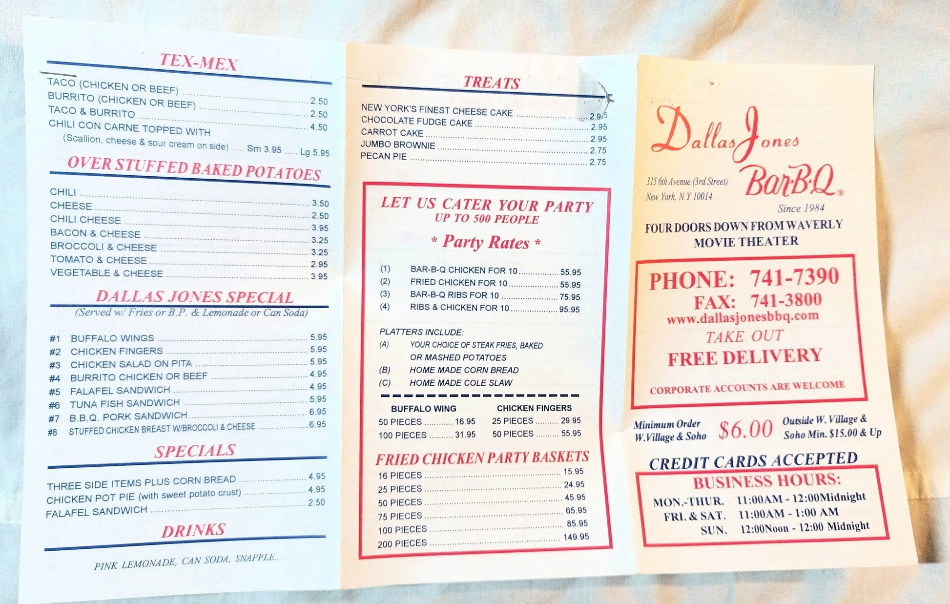 Dallas Jones Bar-B-Q Restaurant Take Out Menu 315 6th Ave NYC 2000 - TulipStuff