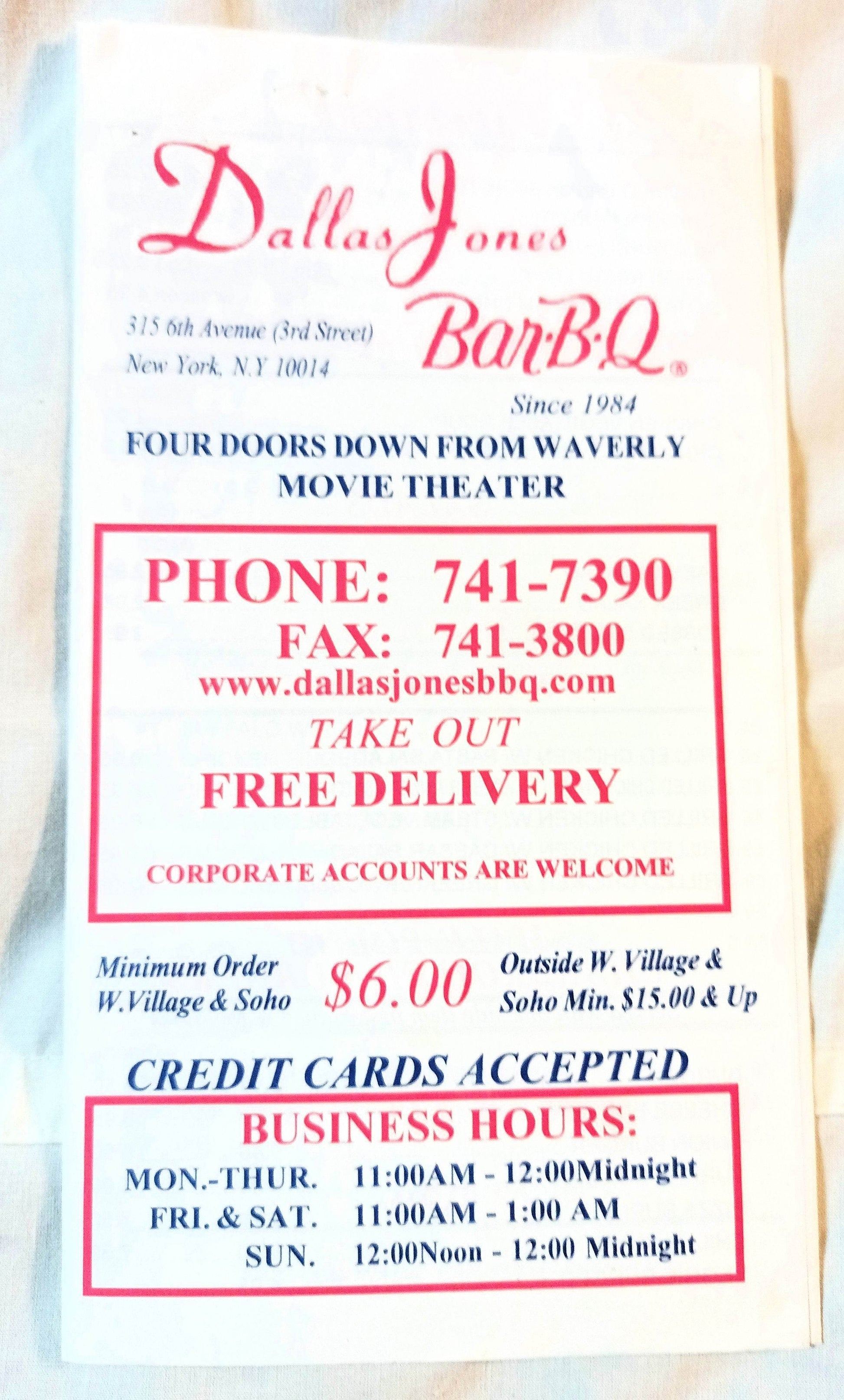 Dallas Jones Bar-B-Q Restaurant Take Out Menu 315 6th Ave NYC 2000 - TulipStuff