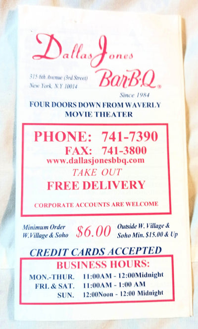 Dallas Jones Bar-B-Q Restaurant Take Out Menu 315 6th Ave NYC 2000 - TulipStuff