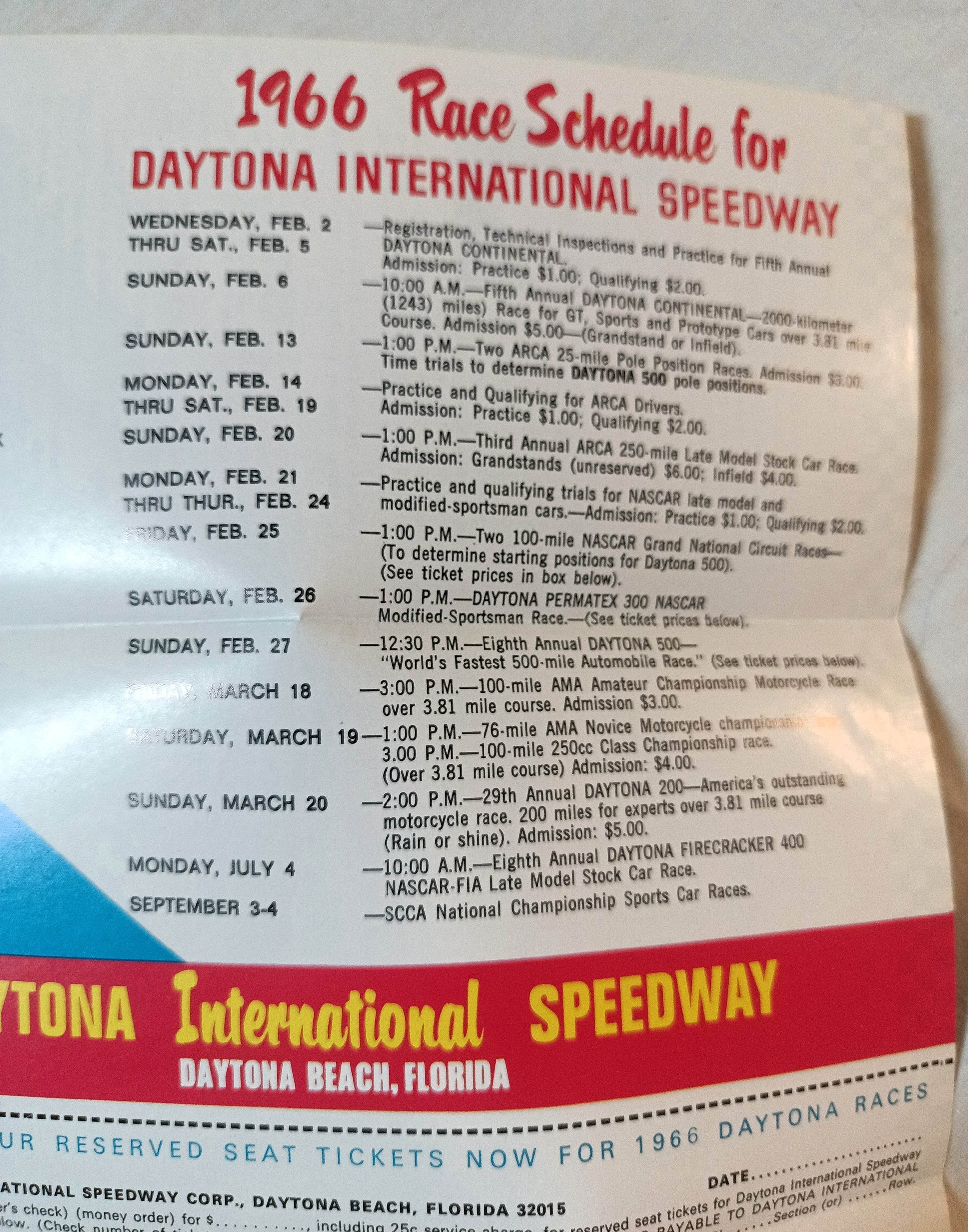 Daytona 500 1966 Schedule Of Events And Order Blank Brochure - TulipStuff