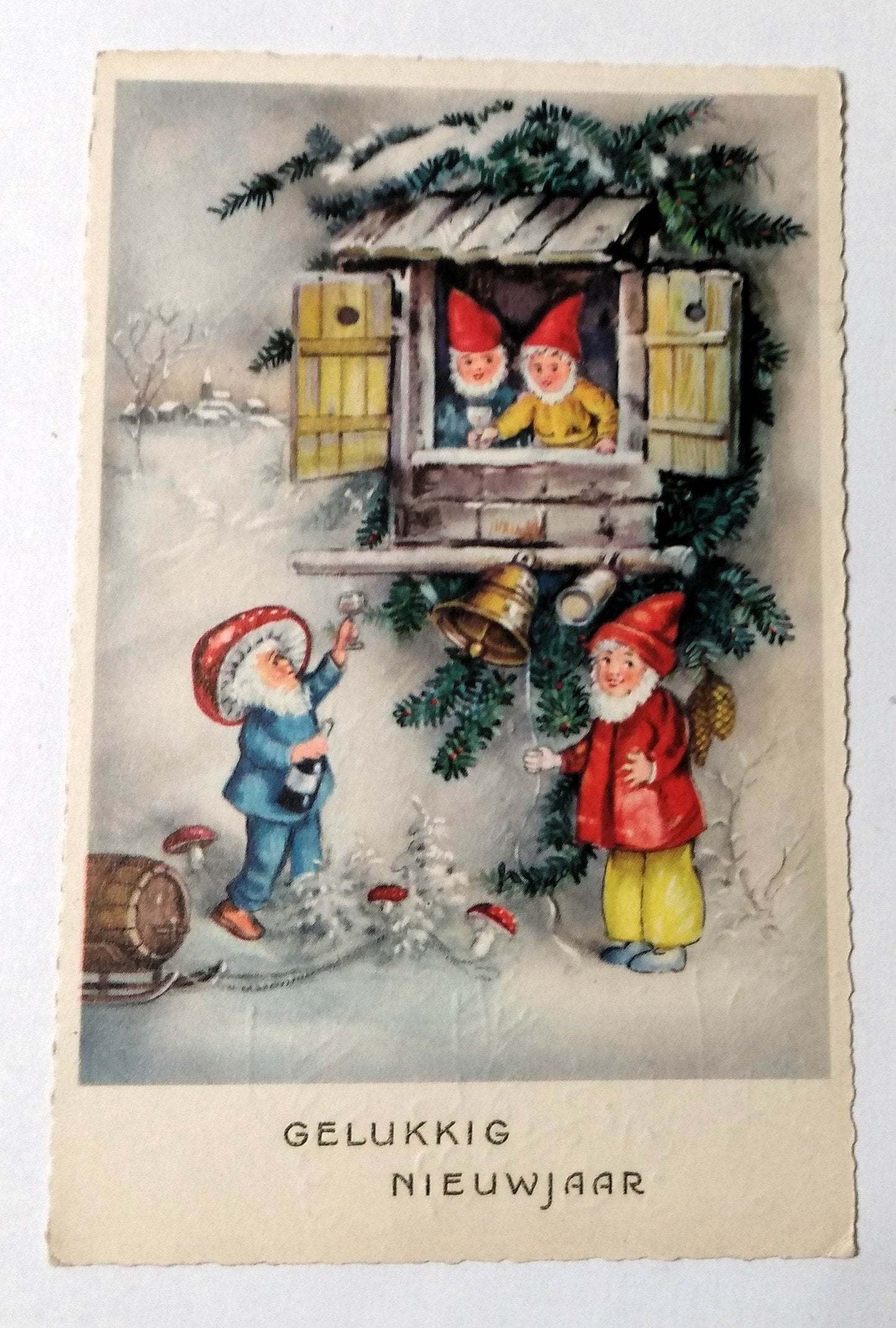 Gelukkig Nieuwjaar Happy New Year Dutch Gnomes Mushrooms 1961 - TulipStuff