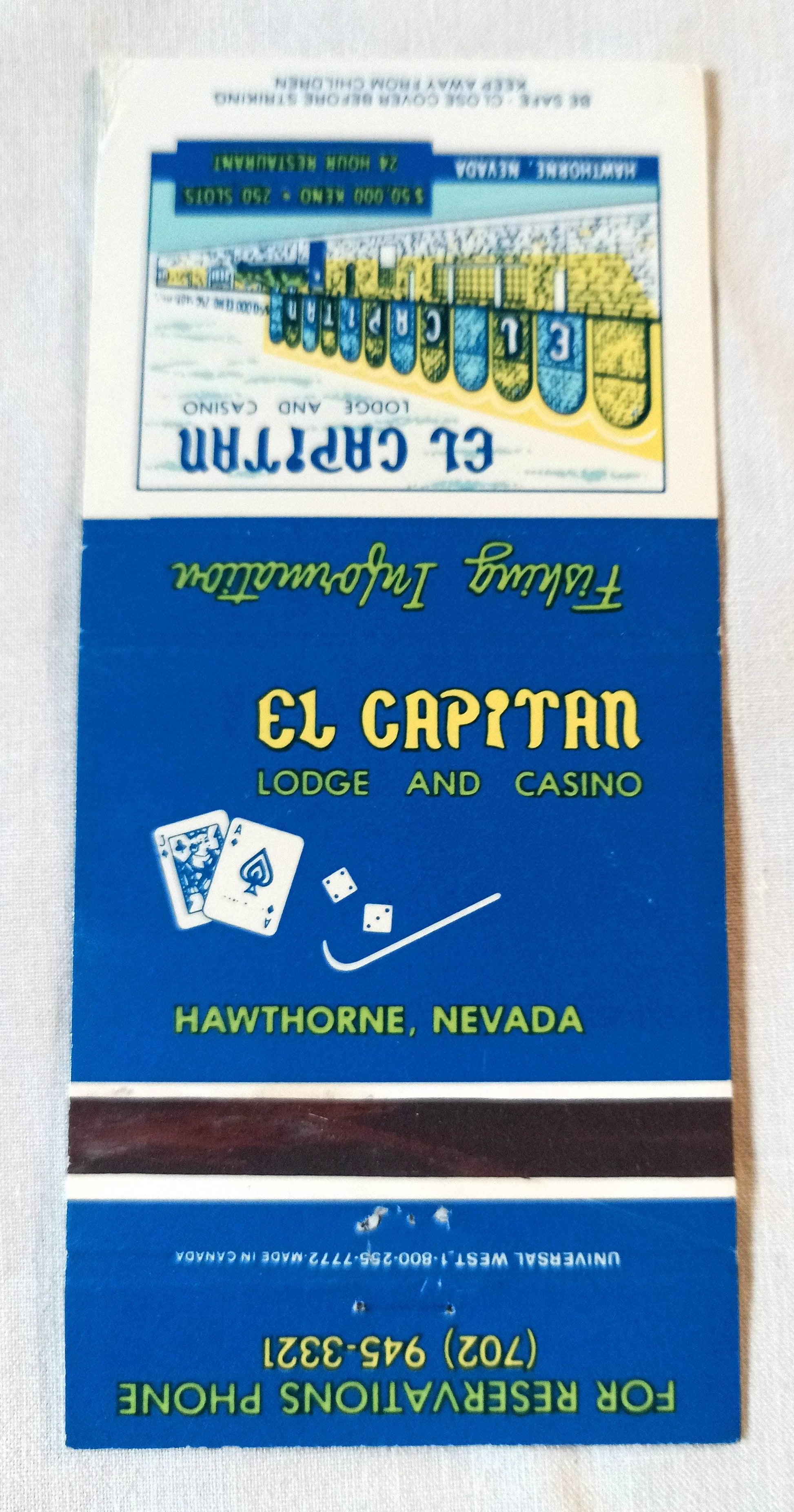 El Capitan Lodge And Casino Hawthorne Nevada Matchbook Cover 1970's - TulipStuff